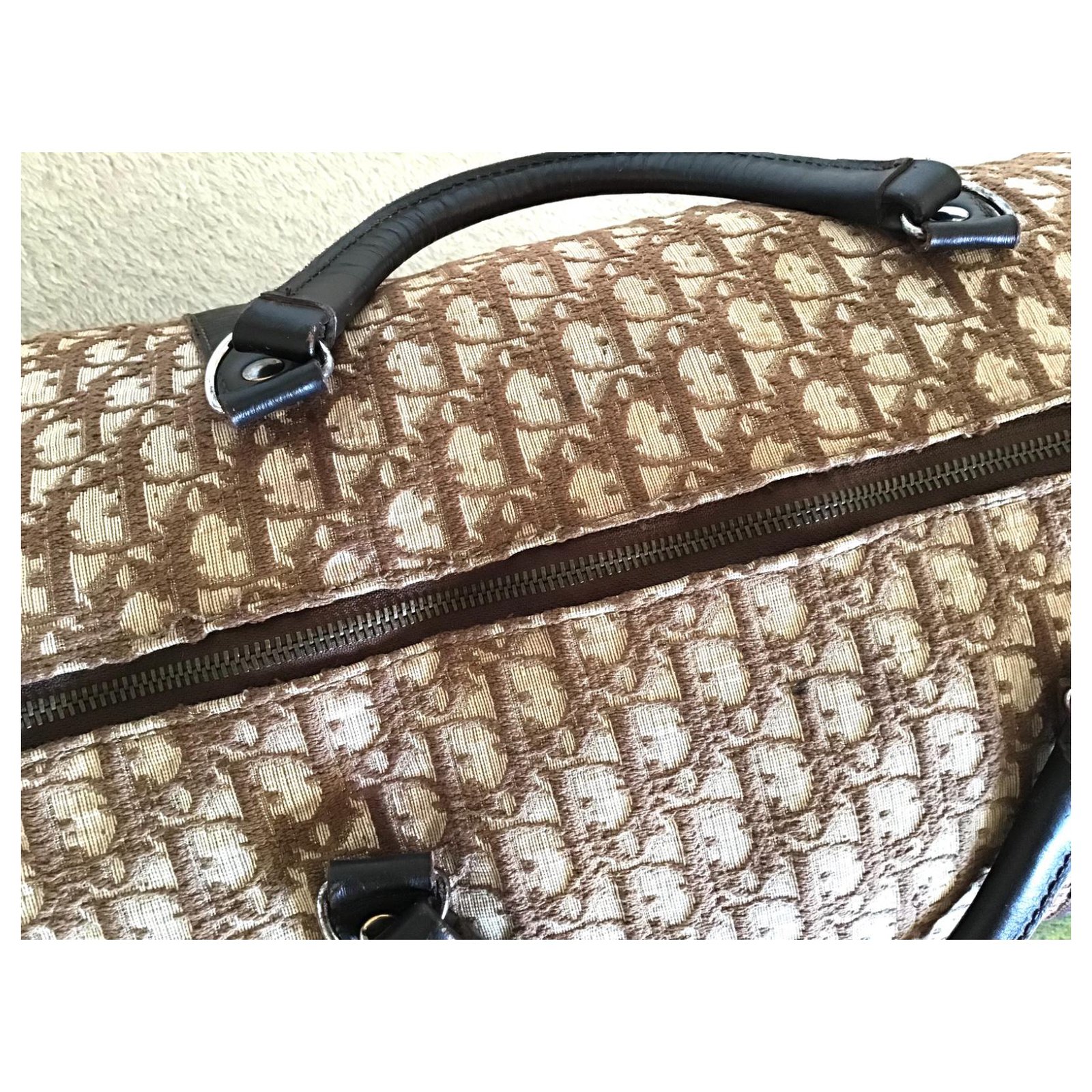 Christian Dior Travel bag Brown Beige Leather Cloth ref.330491