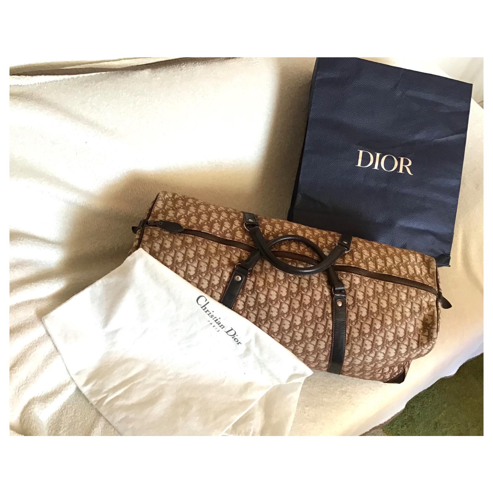Christian Dior Travel bag Brown Beige Leather Cloth ref.330491