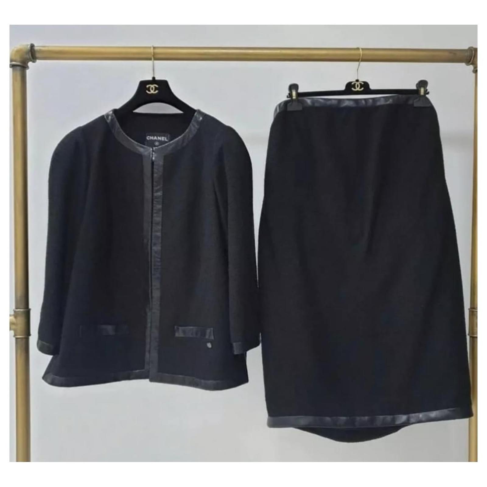 Chanel Black Wool Leather Trimmed Dress Jacket Set Suit Sz.50 Cotton ref. 333521 - Joli Closet