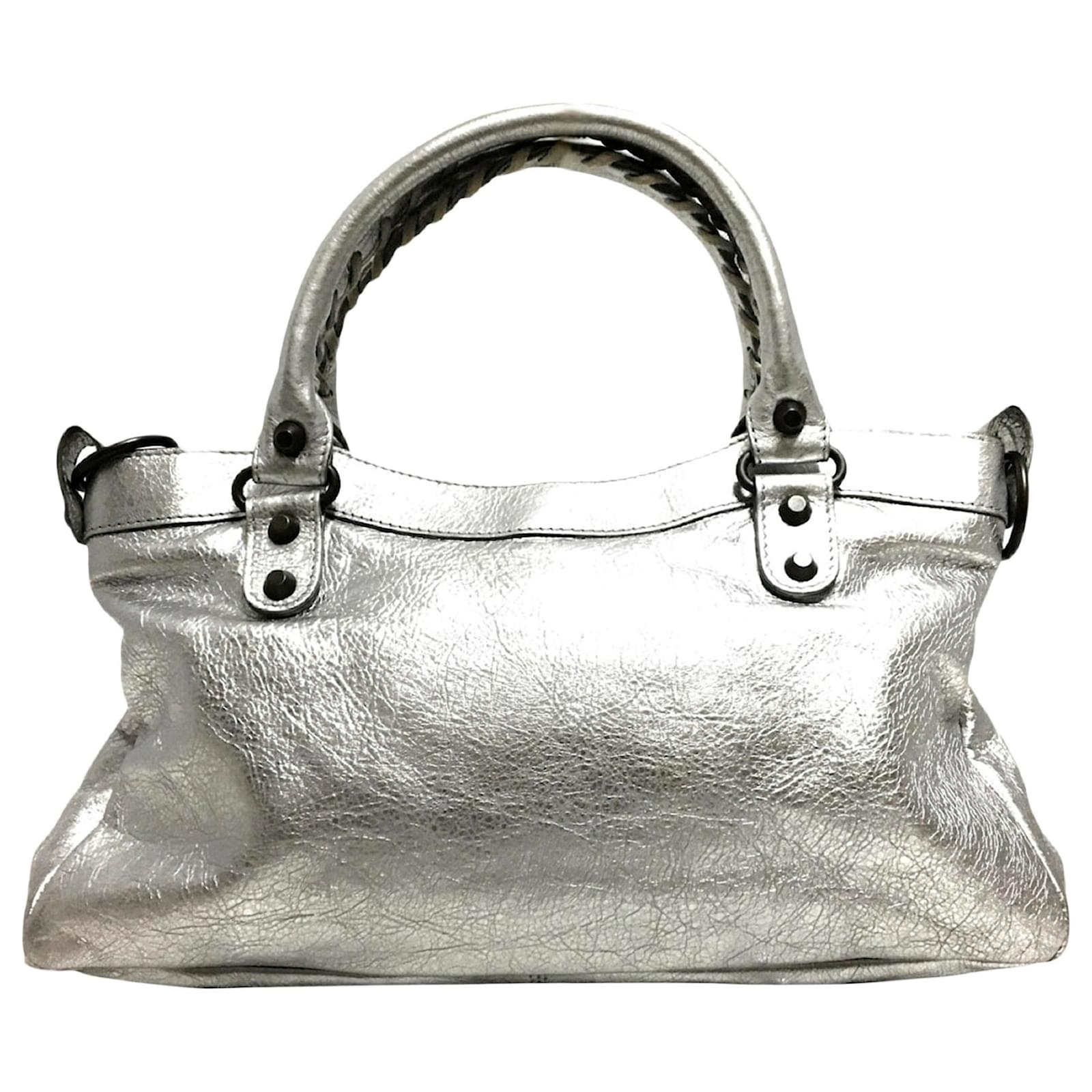 Balenciaga Silver Motocross Classic First Leather Satchel Silvery