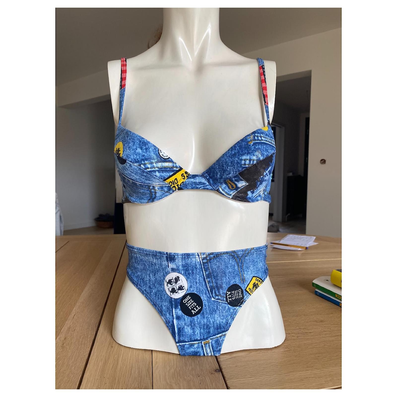 Two-piece bikini adorned with trompe l'oeil denim print and