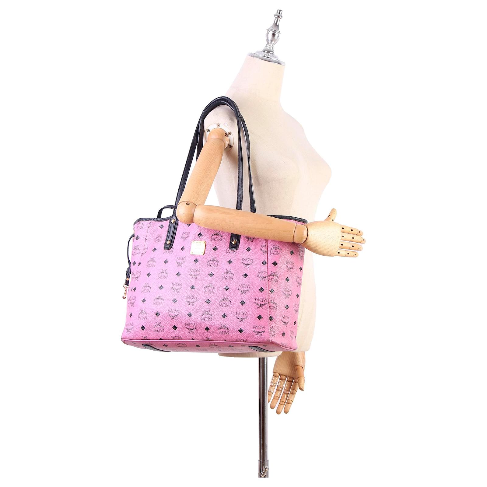MCM Pink Visetos Reversible Leather Tote Bag Black Pony-style