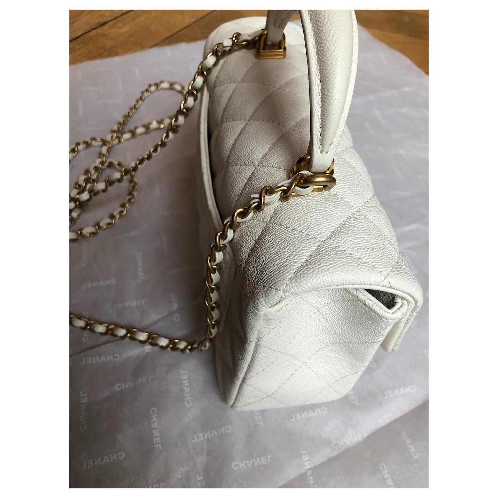 Timeless Chanel Mini Top Handle Caviar White Leather ref.355616