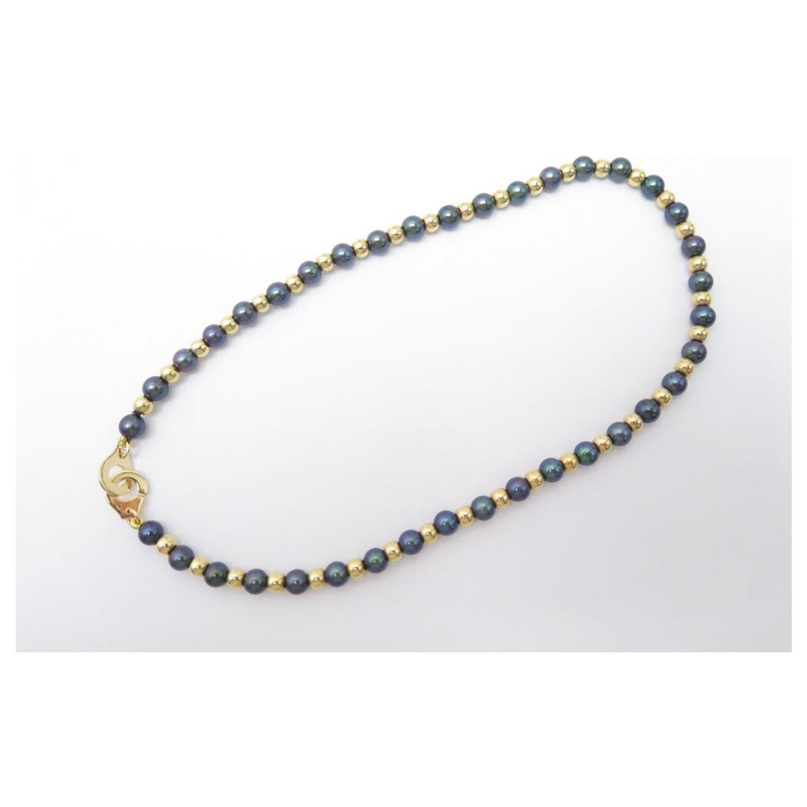 Collier Vintage En Hématites, Perles Bleues Et Dorées - Bijou Ancien Occasion