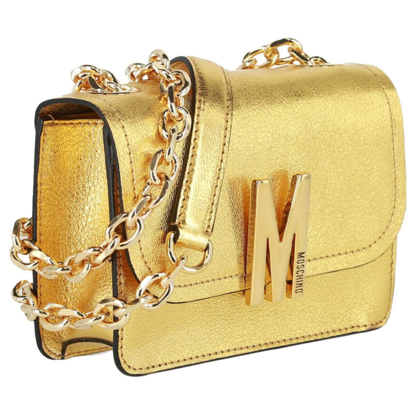 Moschino MLogo Metallic Leather Crossbody Golden ref.358963 Joli Closet