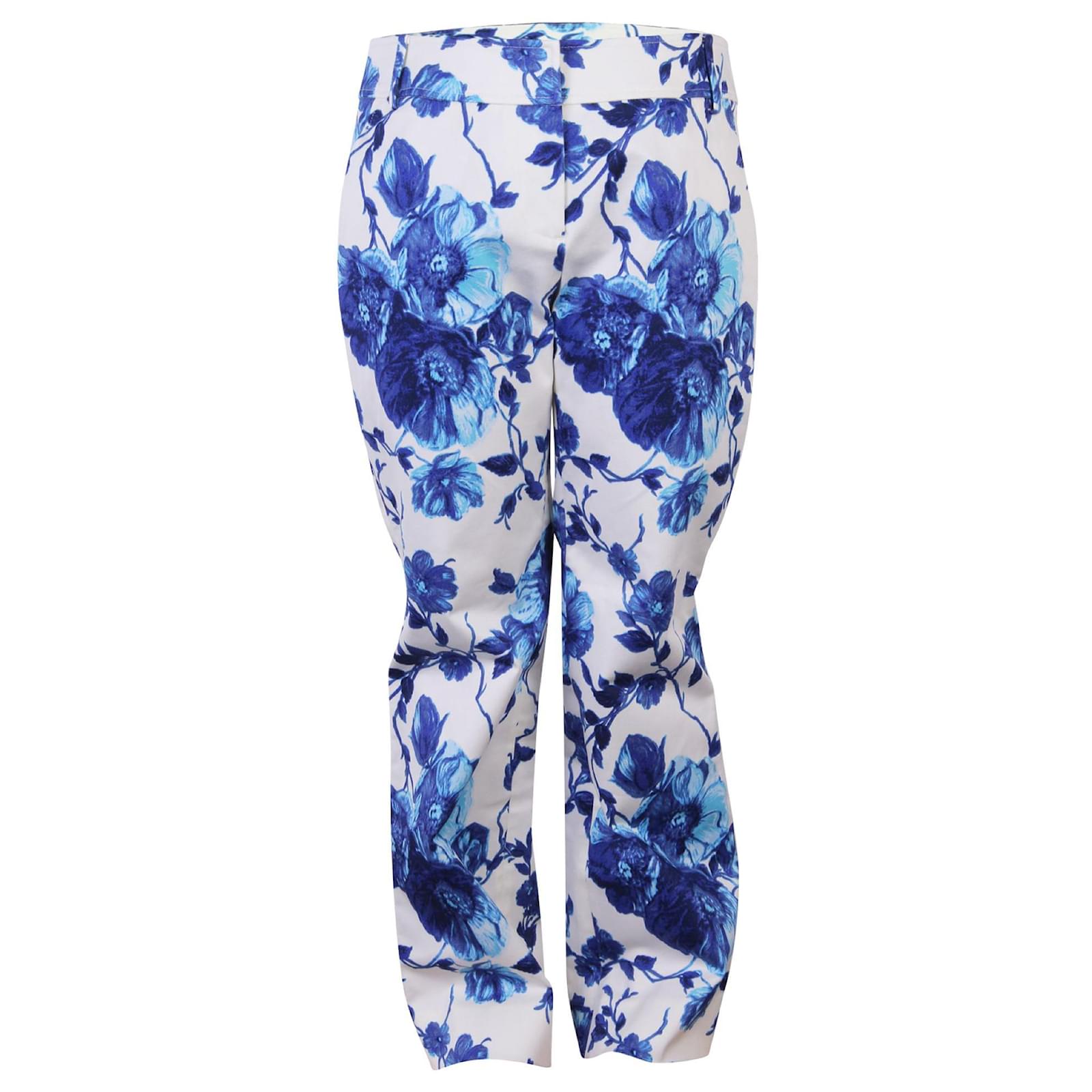 Tory Burch Floral Straight Cut Pants Blue Cotton  - Joli Closet