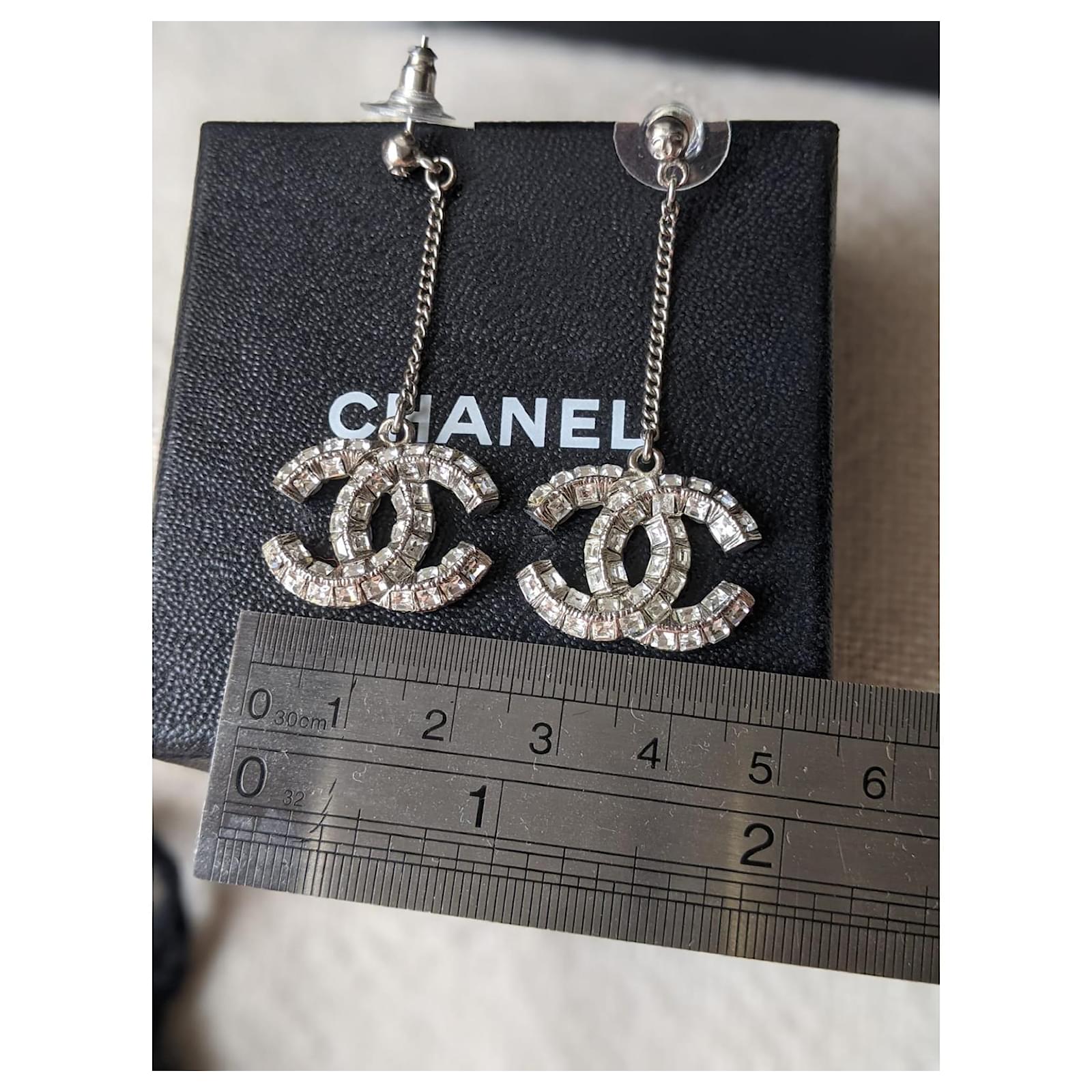Chanel CC Logo Baguette Crystal SHW Dangling Earrings Box Silver hardware  Metal ref.361040