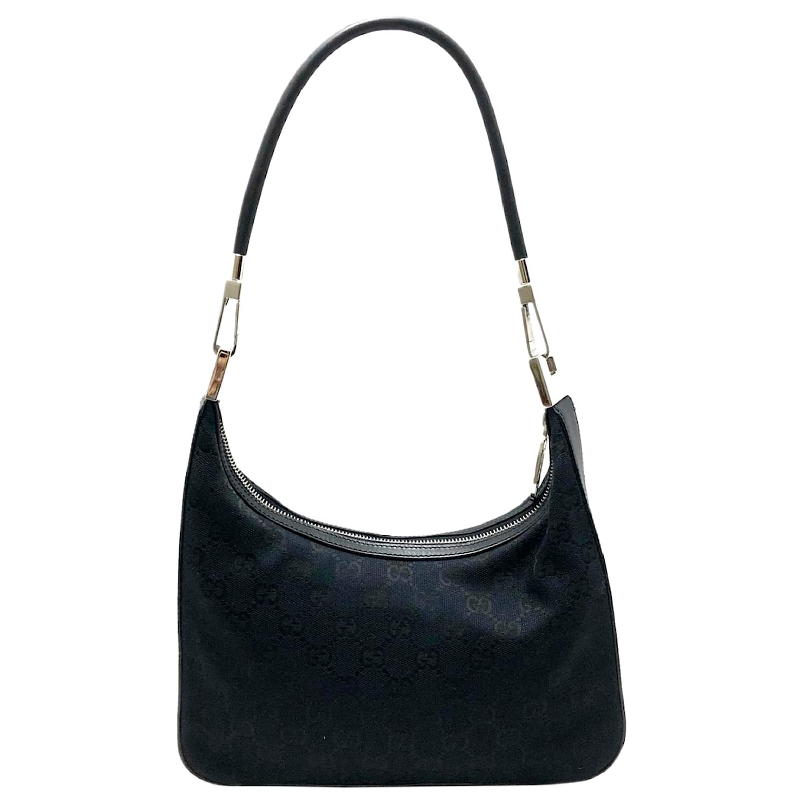 Gucci Black GG Canvas Shoulder Bag Leather Cloth Ponystyle calfskin