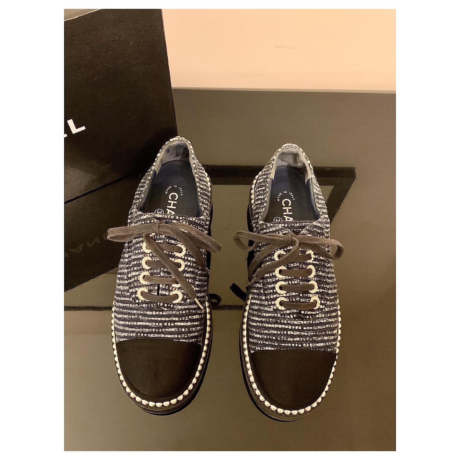 Chanel Blue Tweed Faux Pearl Trimmed Platform Lace-Ups Black ref