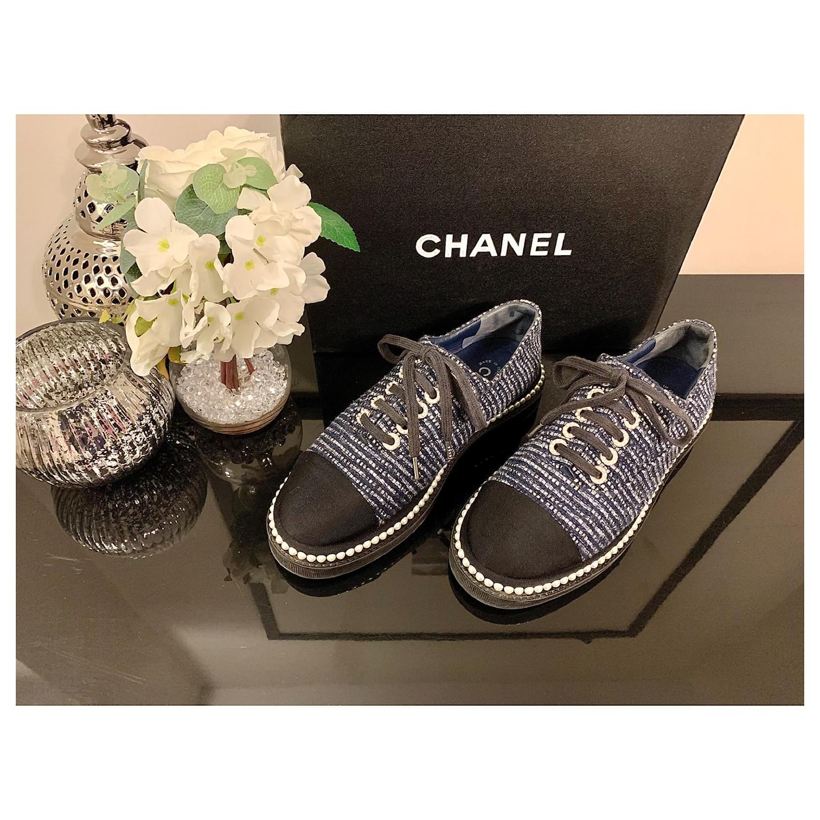 Chanel Blue Tweed Faux Pearl Trimmed Platform Lace-Ups Black ref