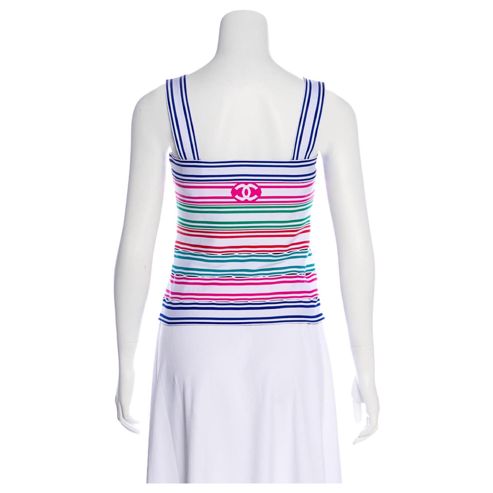 Chanel 19P Cruise Rainbow Striped Top Skirt Set Size 38 White Pink Blue CC  Logo