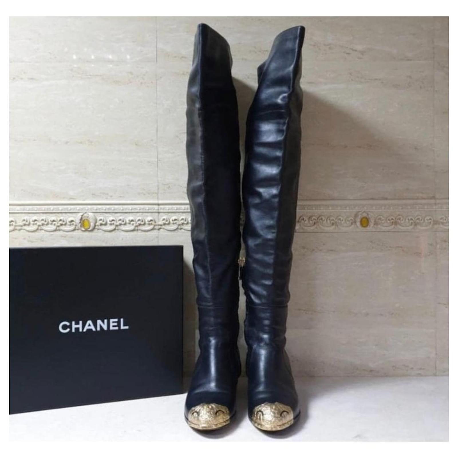 Chanel Black Leather Paris Dallas Metal Cap Toe Thigh High Boots ref.367648  - Joli Closet