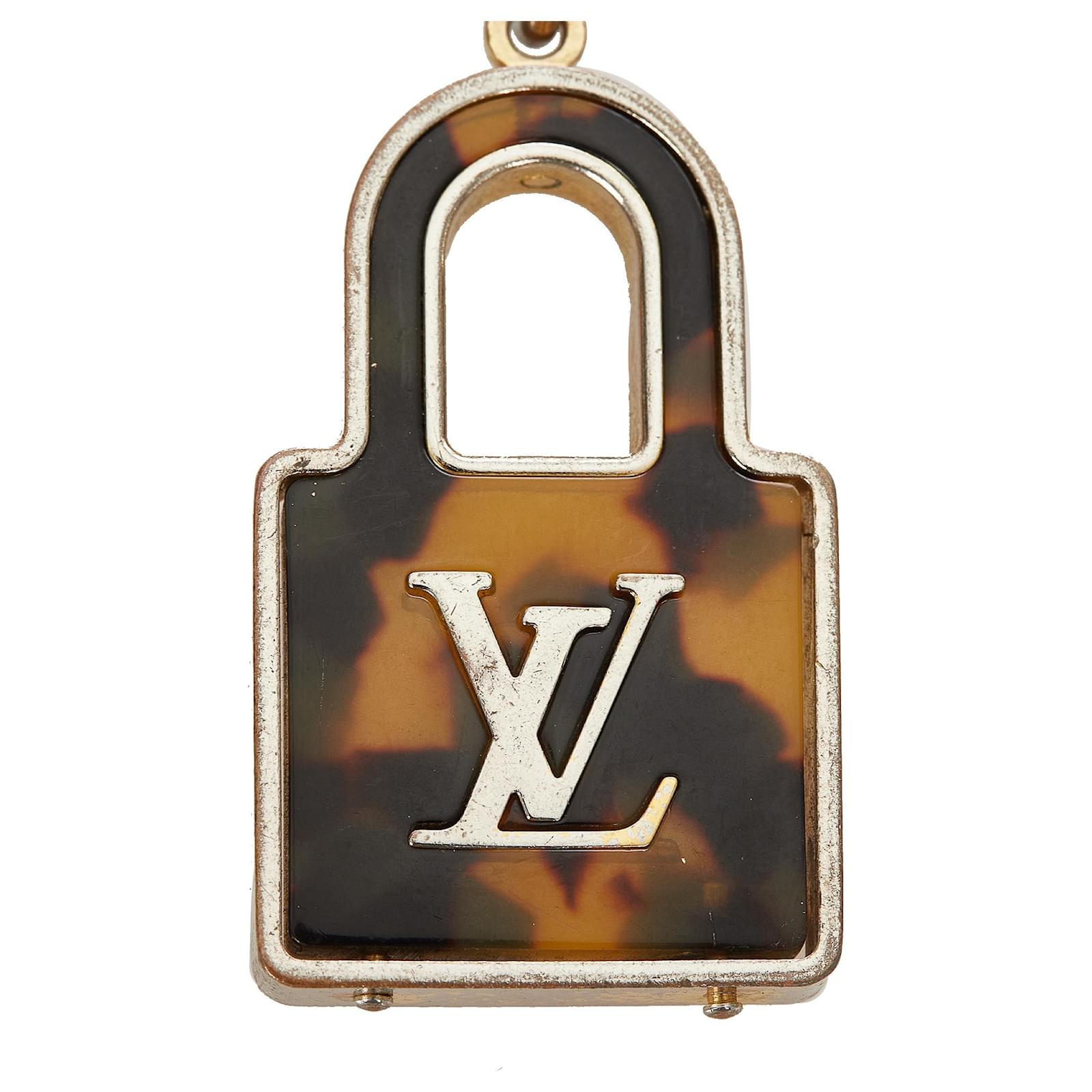 Louis Vuitton Silver Lock and Key Bag Charm Brown Silvery Leather