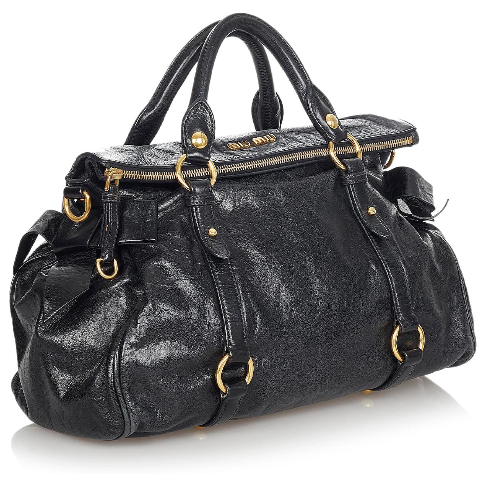 Miu Miu Black Vitello Lux Bow Handbag Leather Pony-style calfskin  ref.379535 - Joli Closet