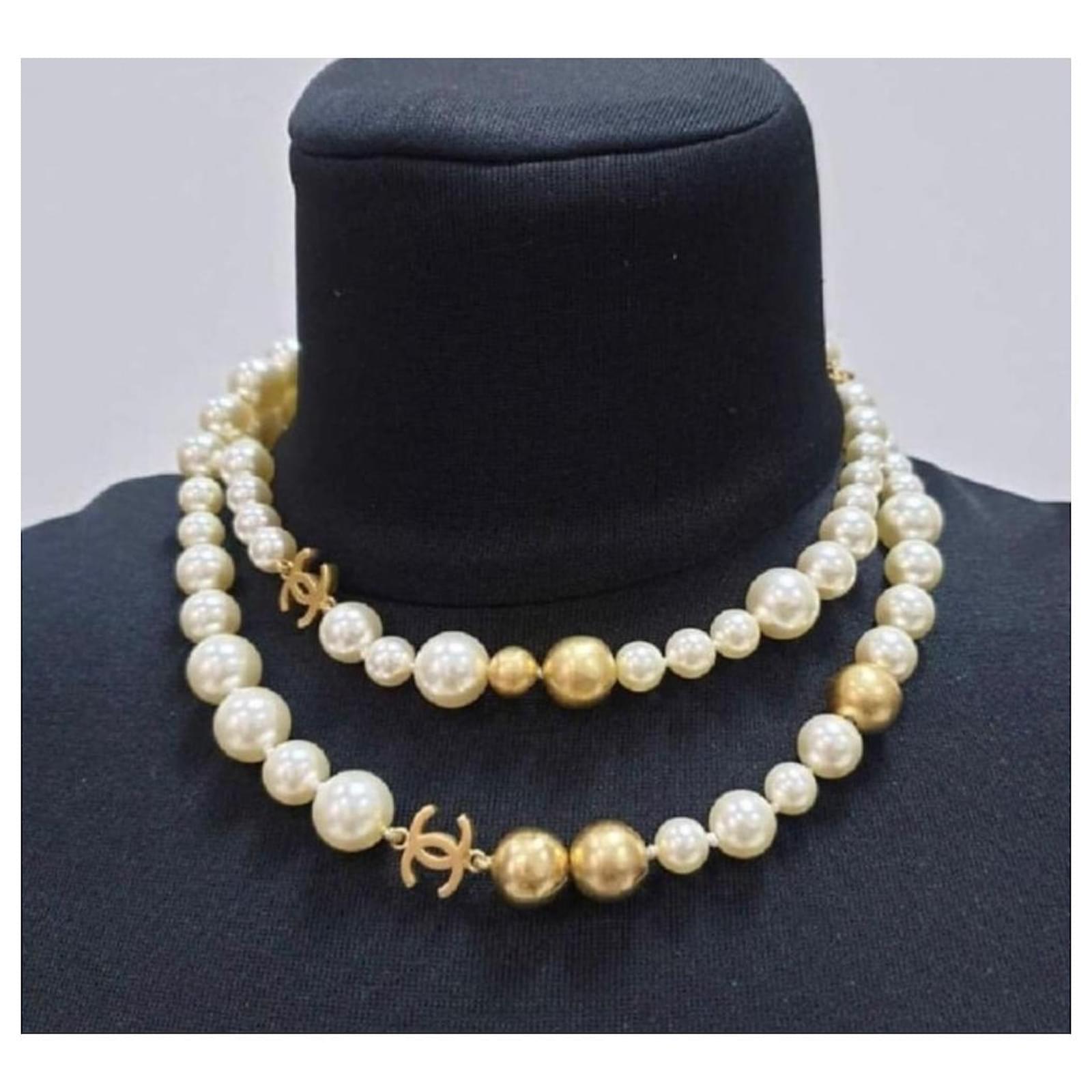 Chanel 2007 Ivory/Gold Faux Pearl and Gold Bead CC Necklace Golden