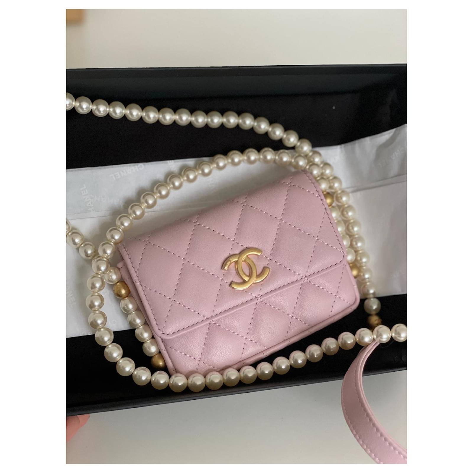 21S Rose Clair Chanel card clutch on chain Pink Leather ref.380416