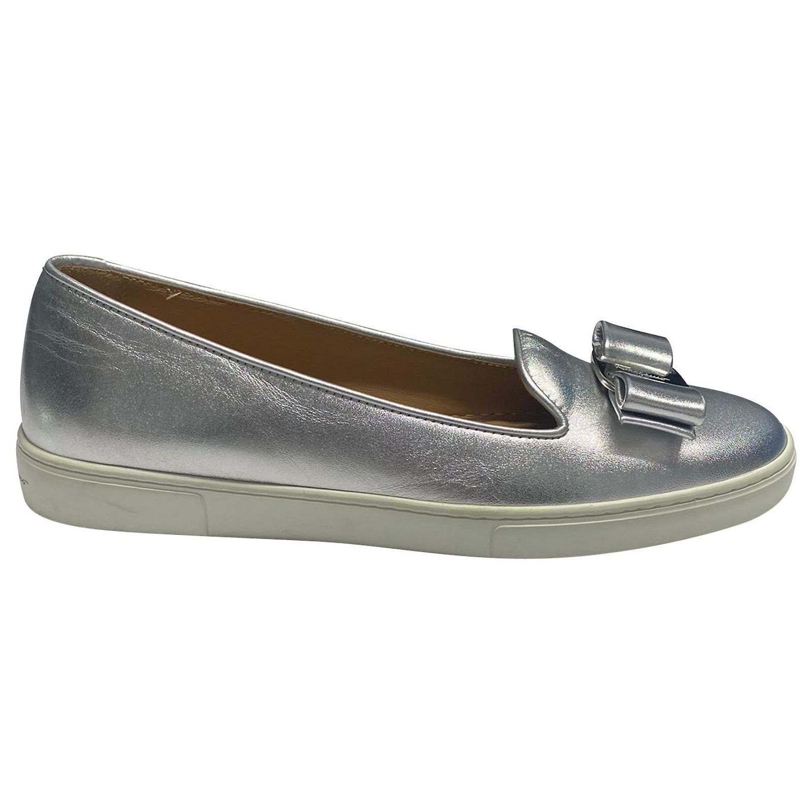 Salvatore Ferragamo Novello Slip on Sneakers in Silver Leather 