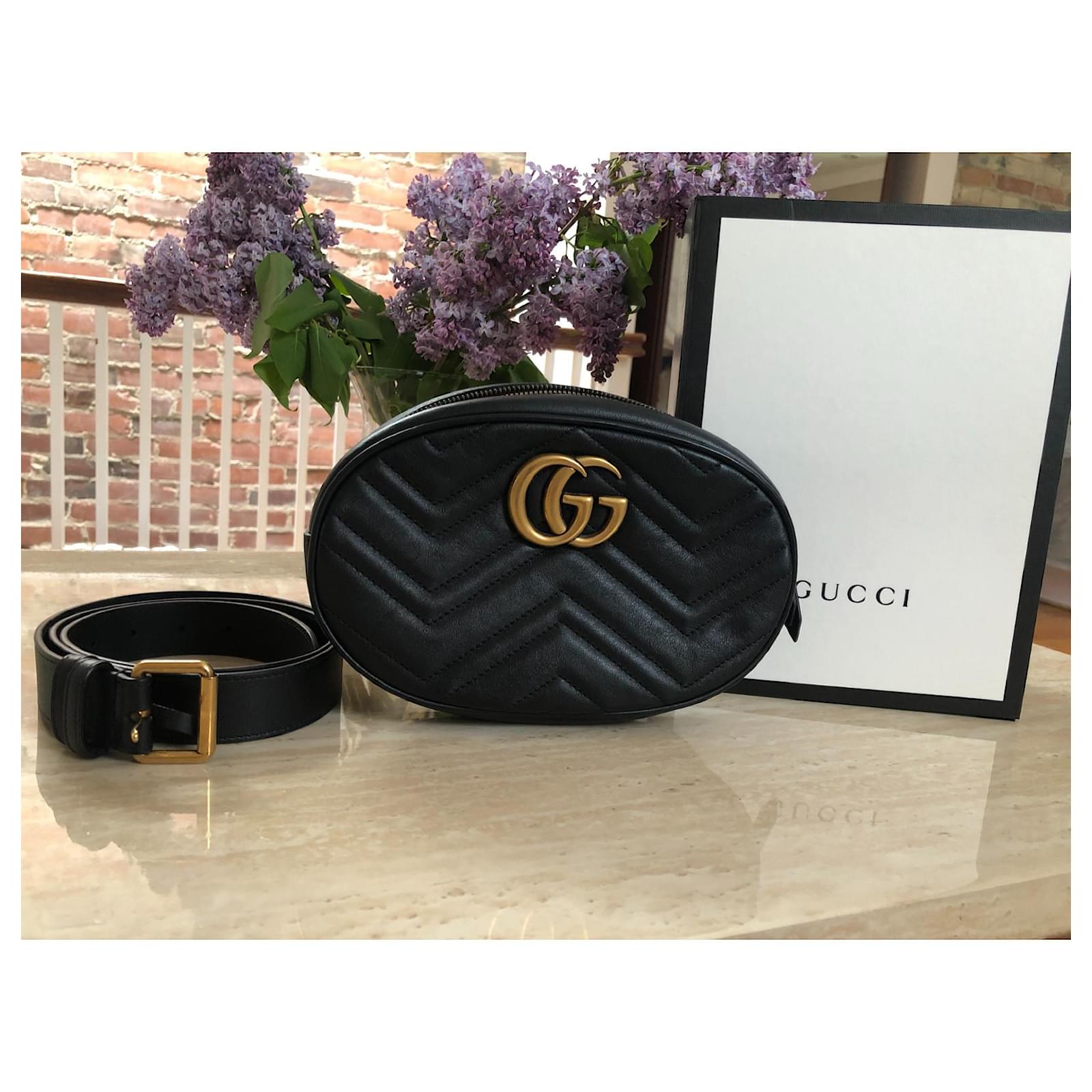 Gucci Black Matelassé Leather GG Marmont Belt Bag 95/38