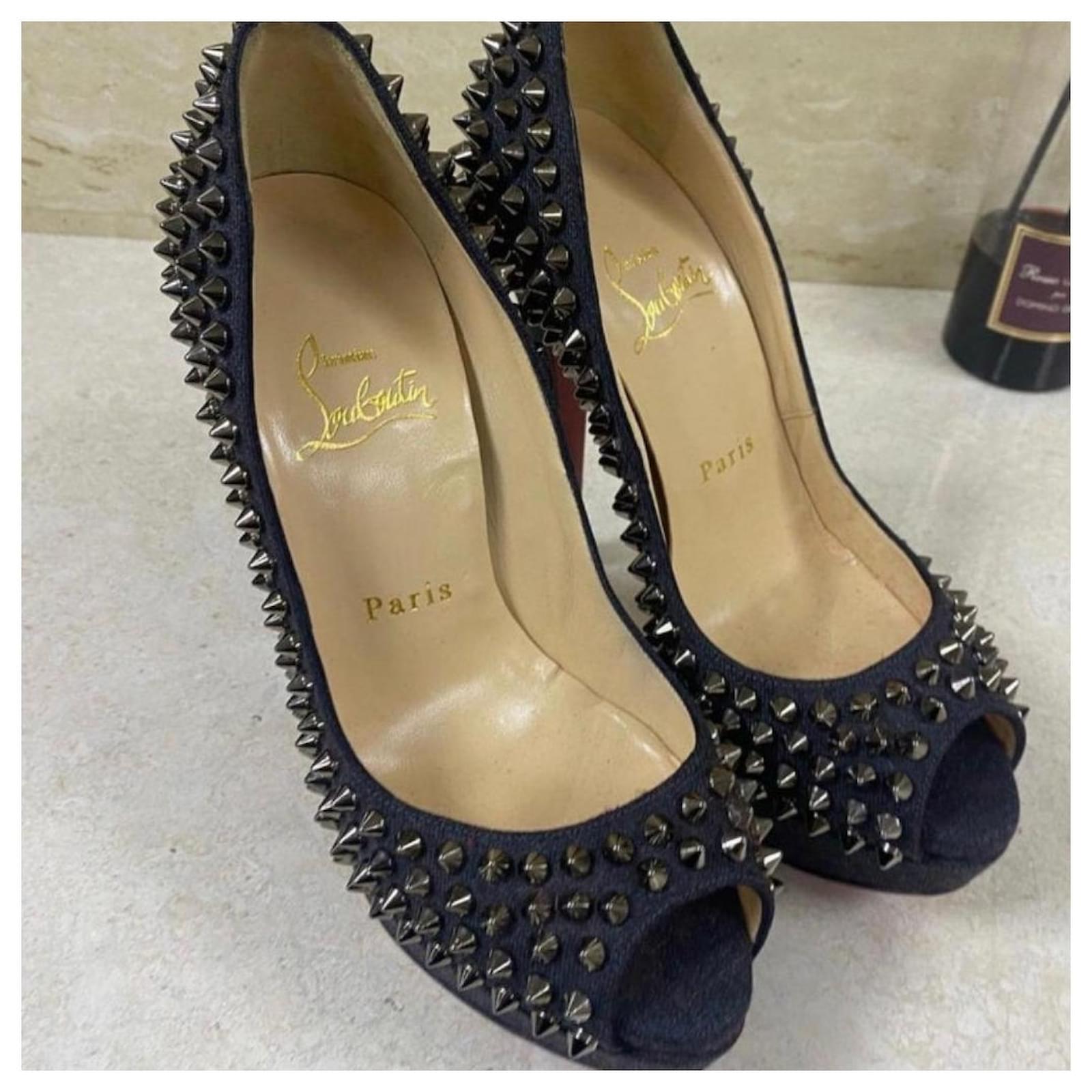クリスチャンルブタン パンプス36 LADY PEEP デニム CHRISTIAN LOUBOUTIN Lady Peep Spikes Denim Silver Pumps