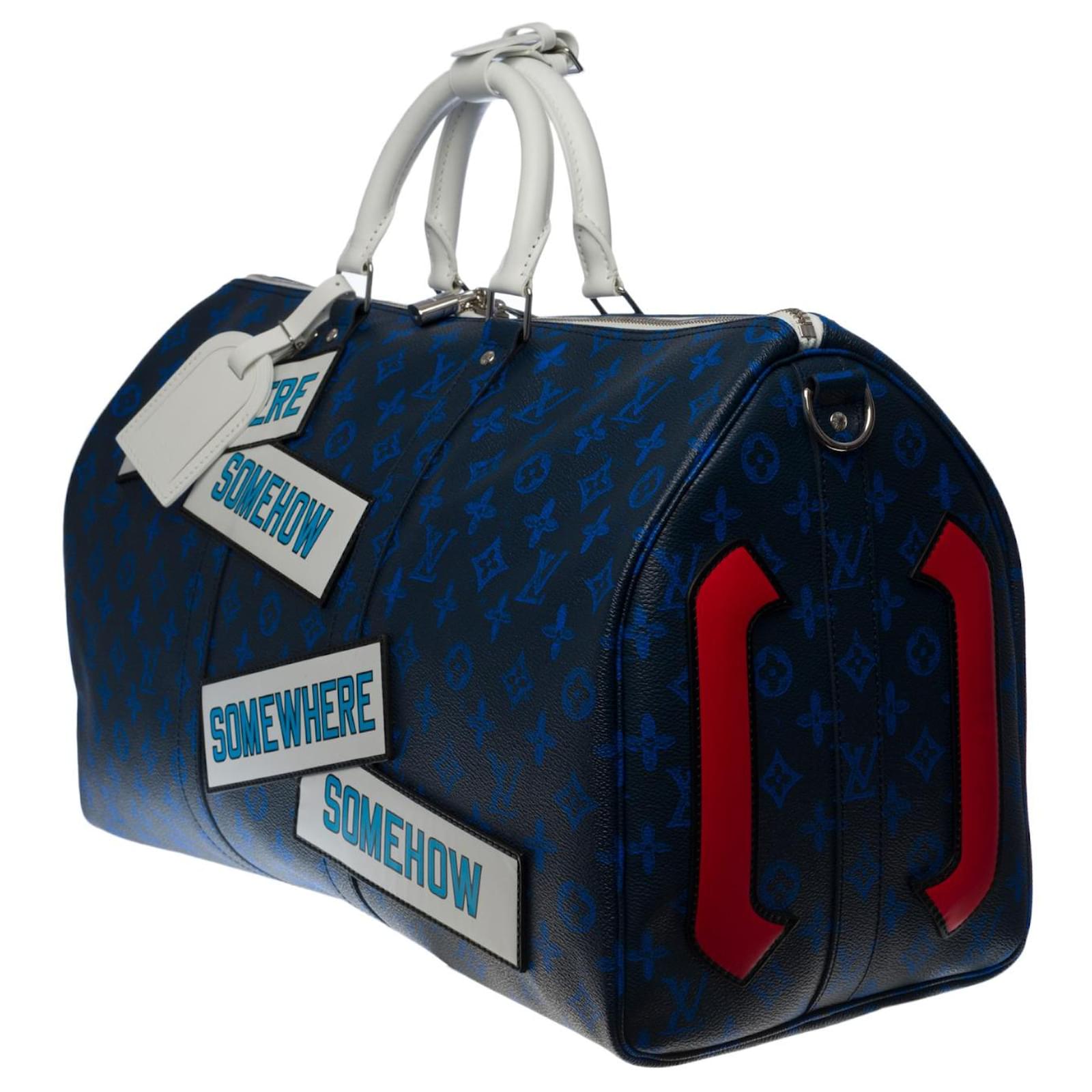 New- Sold Out- FW 2021- Splendid Louis Vuitton Keepall travel bag 50 Virgil  Abloh White Blue Leather Cloth ref.390203 - Joli Closet