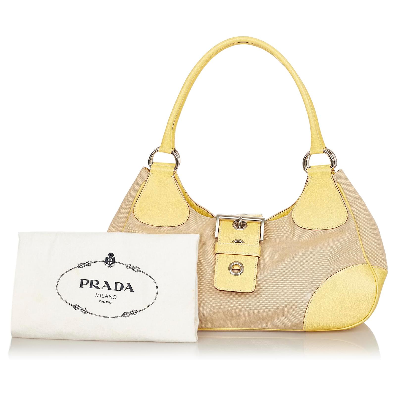 Prada Brown Canvas Shoulder Bag Beige Yellow Leather Cloth Pony-style  calfskin Cloth ref.422416 - Joli Closet