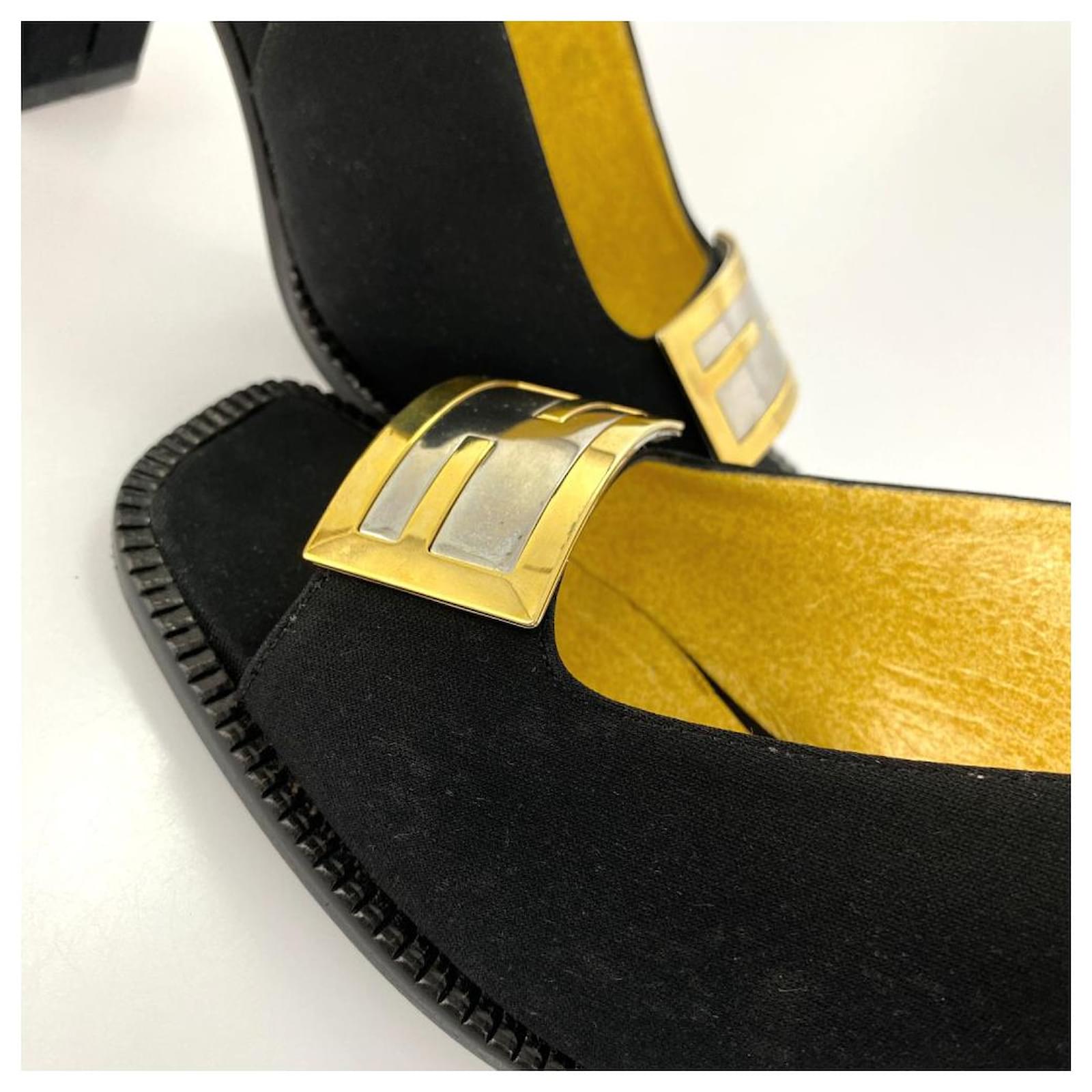 Used] FENDI FF logo sandals slingback open toe pumps shoes / 361/2 / black  / gold metal fittings Golden Cloth ref.391305 - Joli Closet