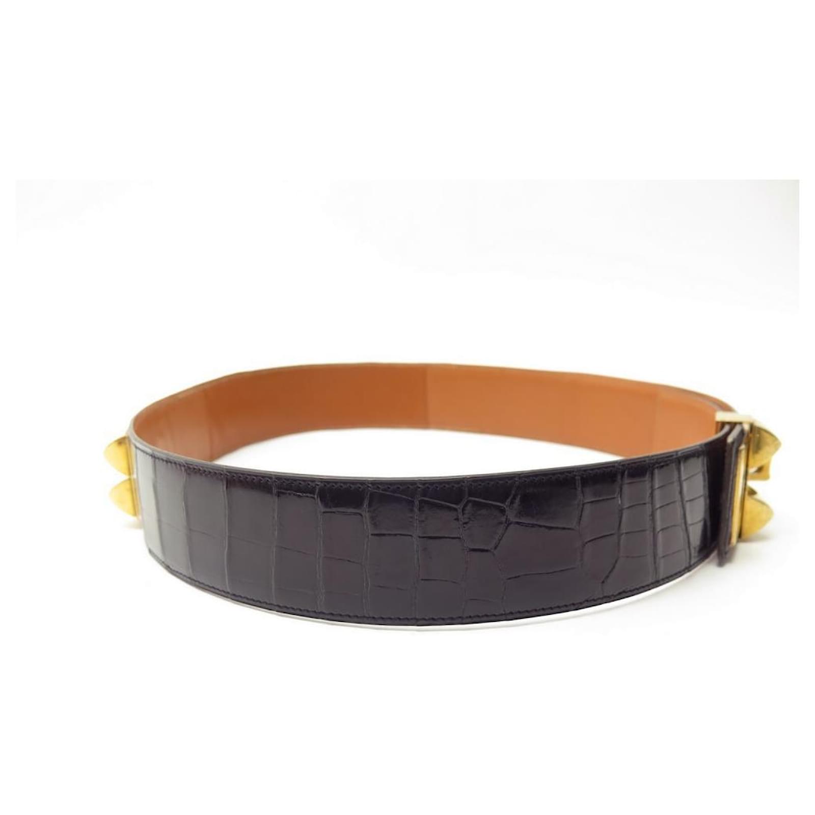 Hermès HERMES MEDOR BELT DOG COLLAR T90 POROSUS BELT CROCODILE LEATHER  Black Exotic leather ref.691441 - Joli Closet