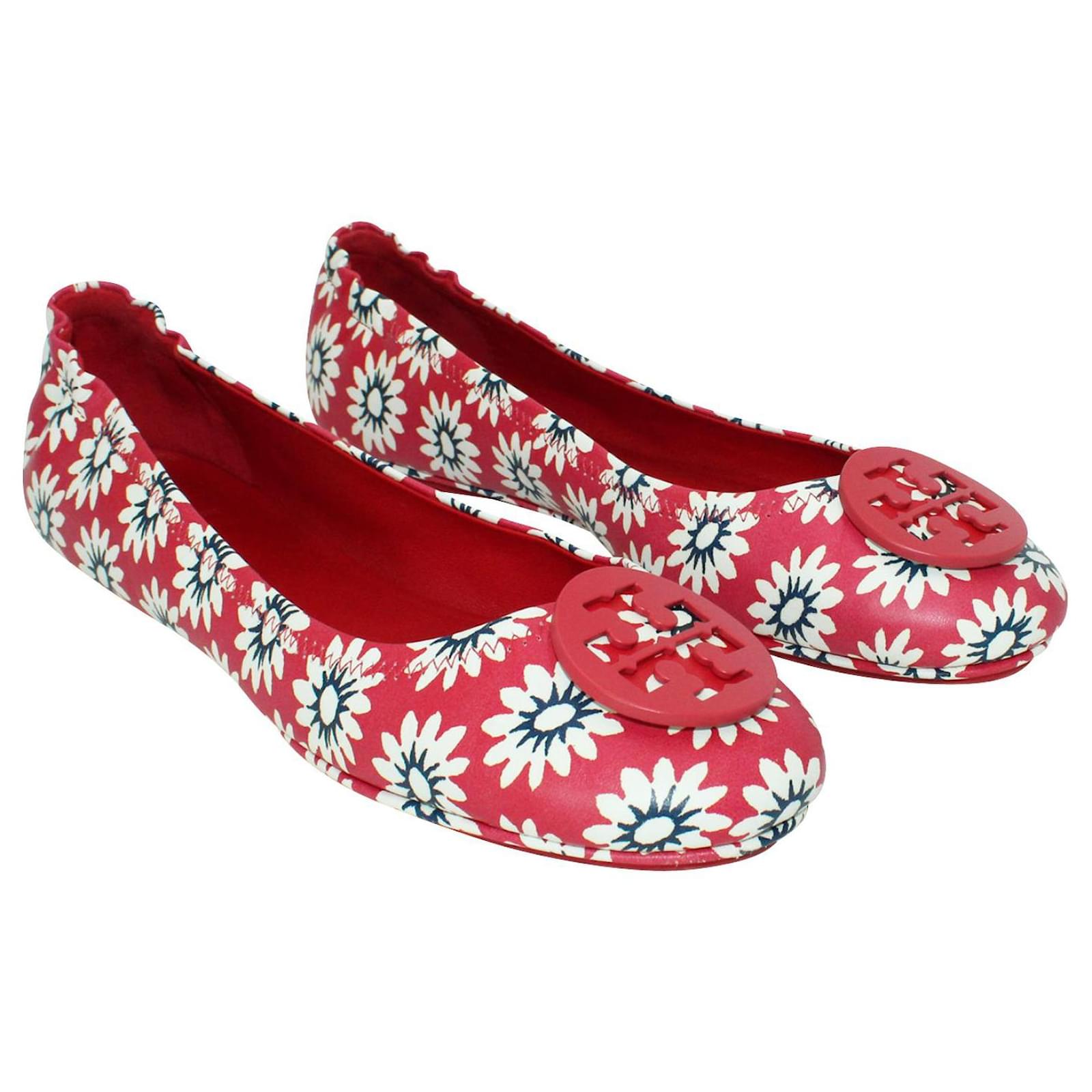 Tory Burch Minnie Travel Red Print Ballerina Flats Leather  -  Joli Closet