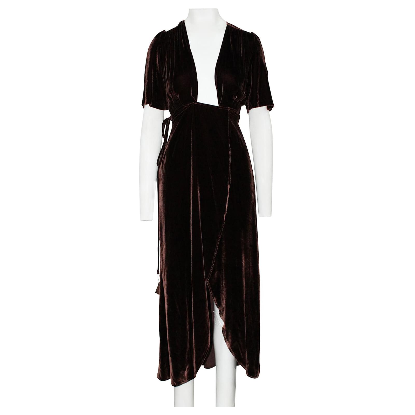 Reformation Vestido Midi Veludo Marrom Escuro Joli Closet