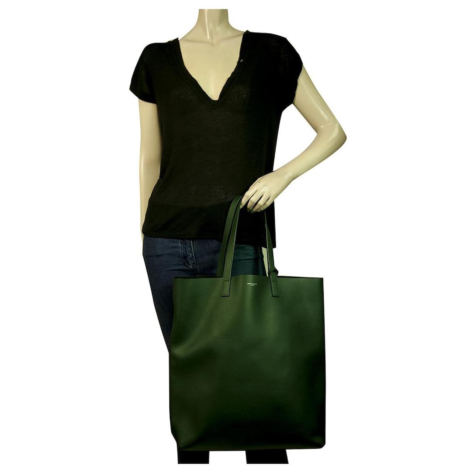 SAINT LAURENT dark green large shopper textured leather tote