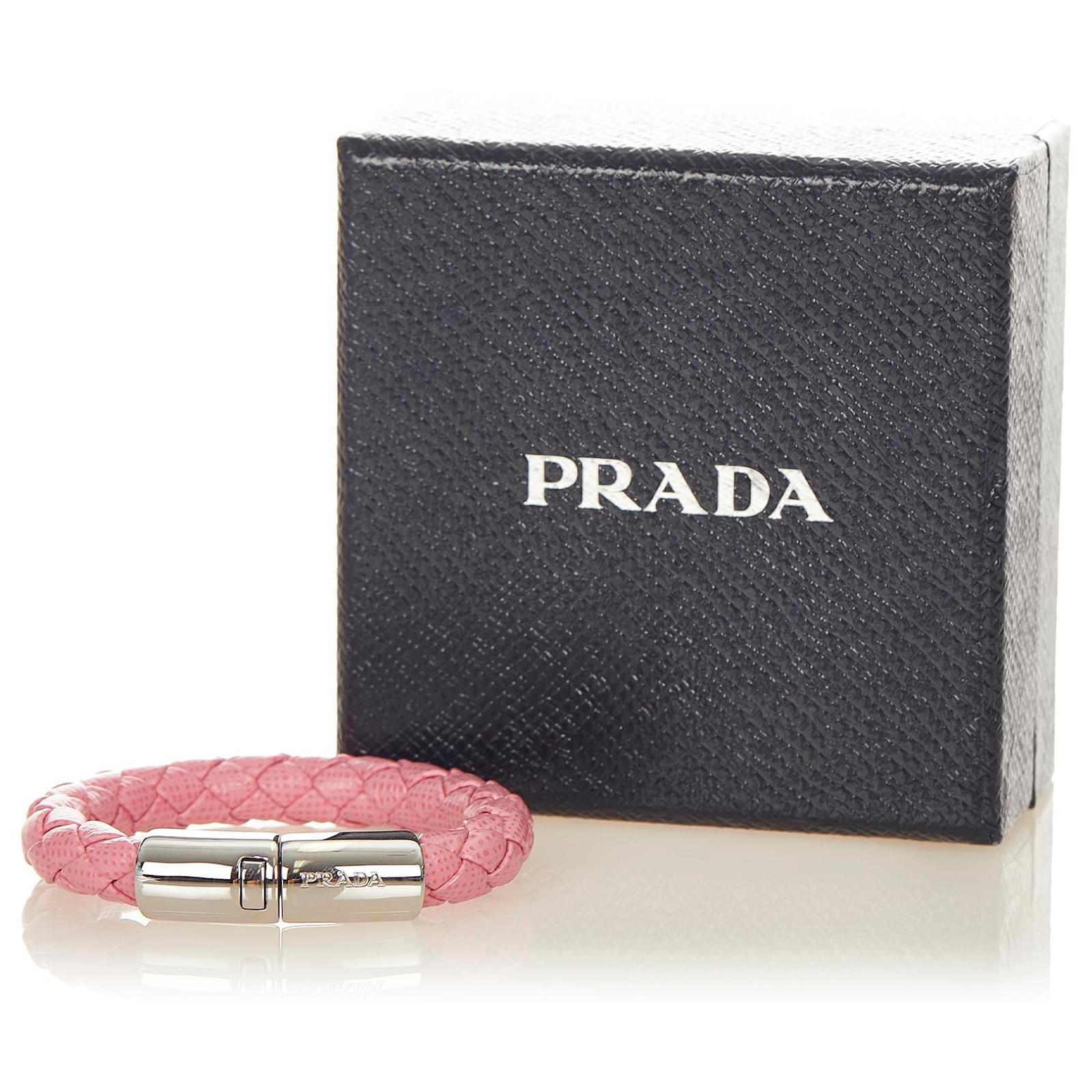 Prada Pink Saffiano Leather Bracelet Silvery Metal Pony