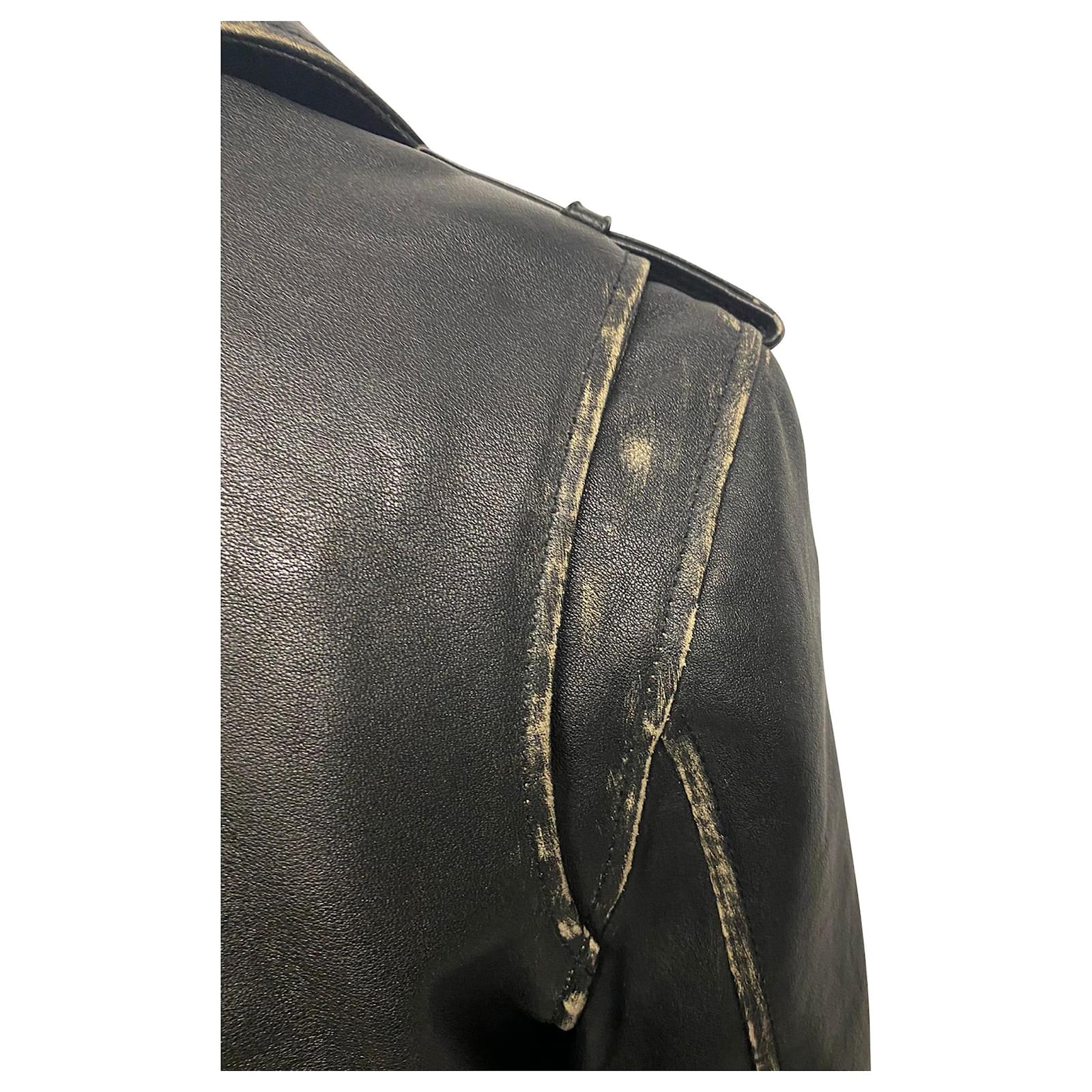 Anine Bing Distressed Quinlan Moto Jacket in Black calf leather