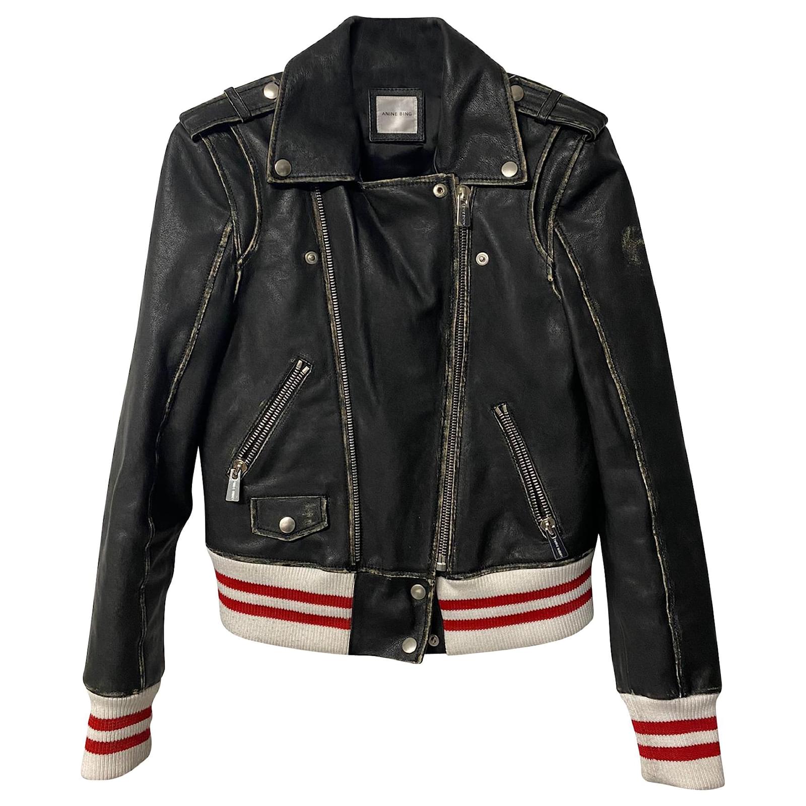 Anine Bing Distressed Quinlan Moto Jacket in Black calf leather