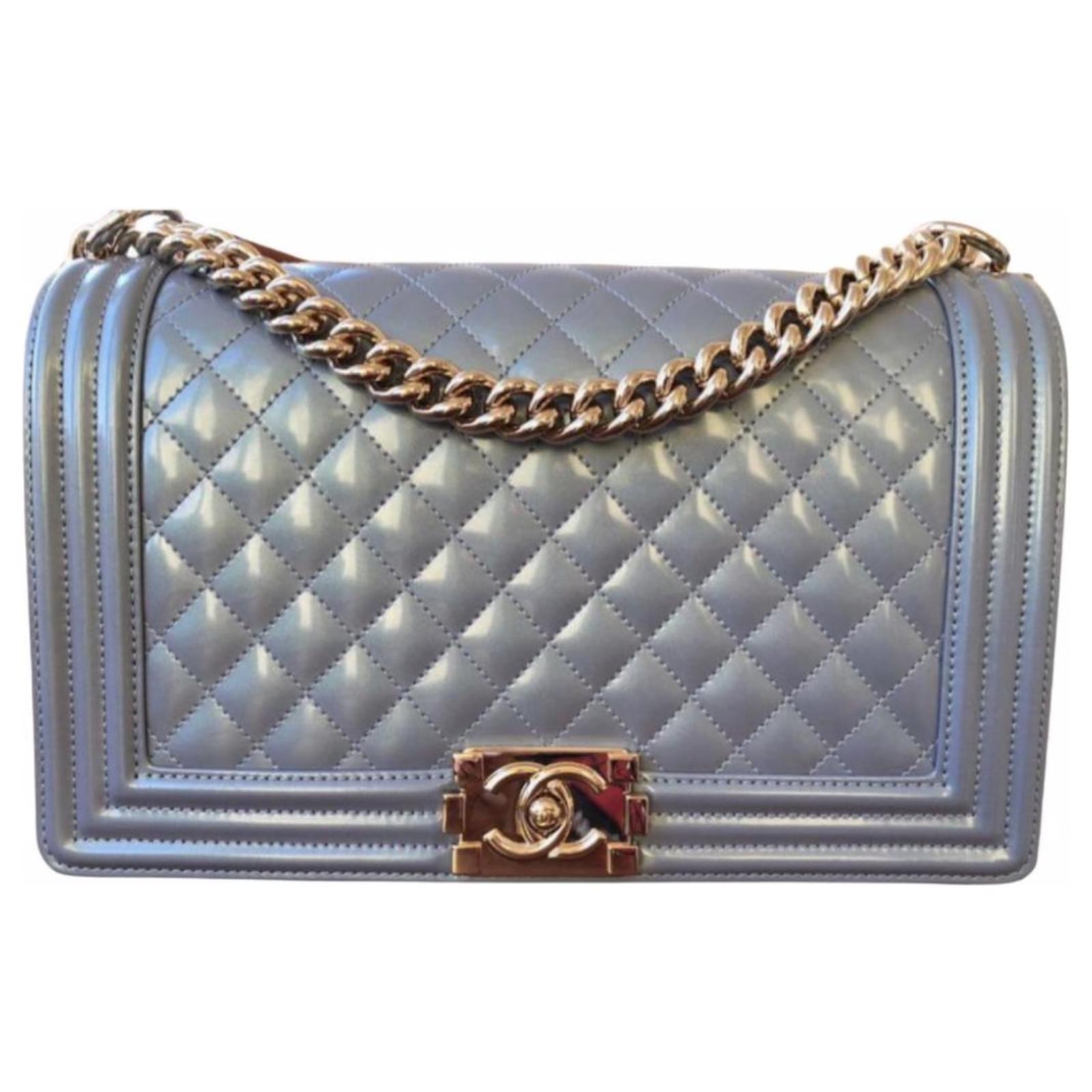 Chanel BOY Bag Medium Light blue Gold hardware Patent leather ref