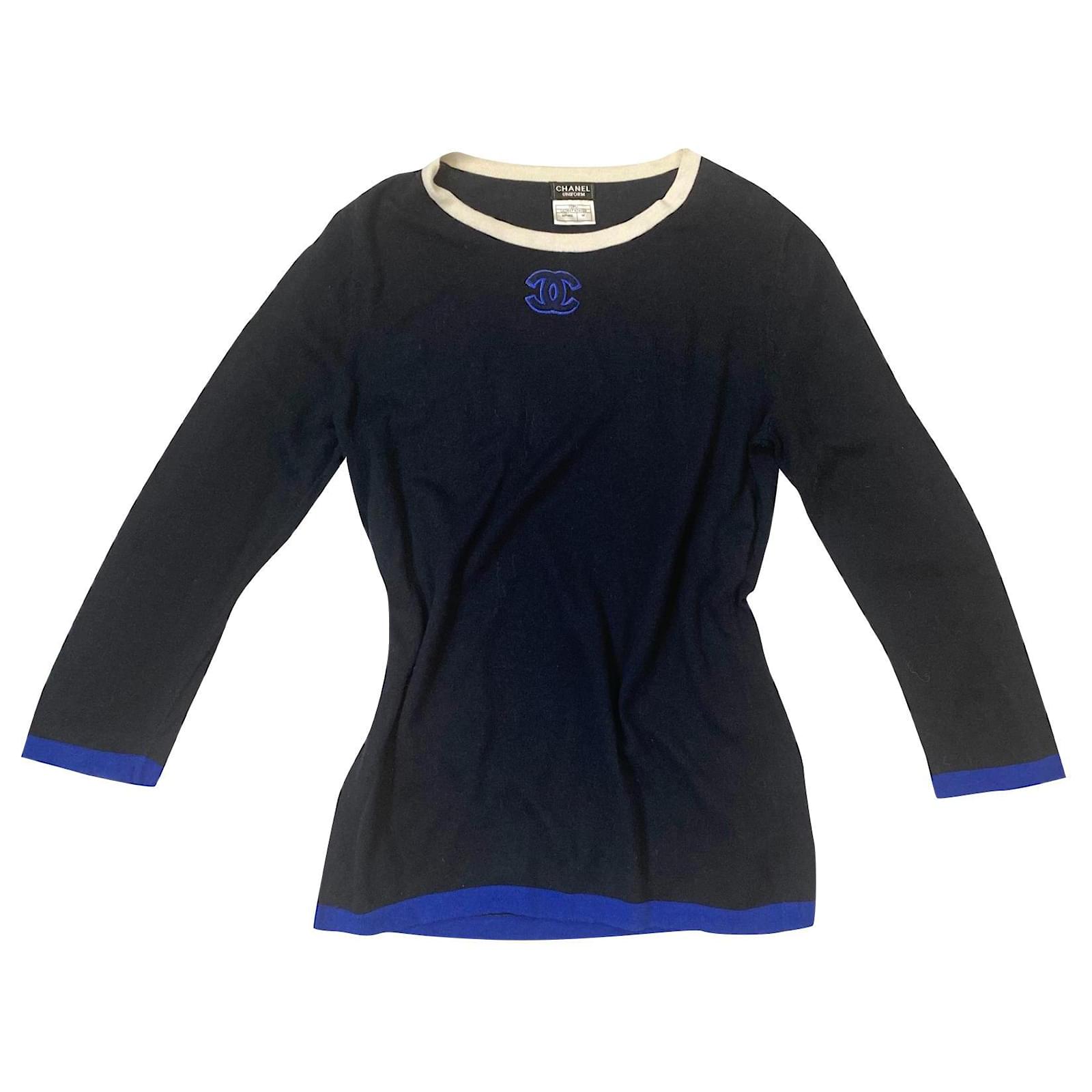 Chanel uniform CC logo sweater Black Navy blue Cotton ref.400420 - Joli ...