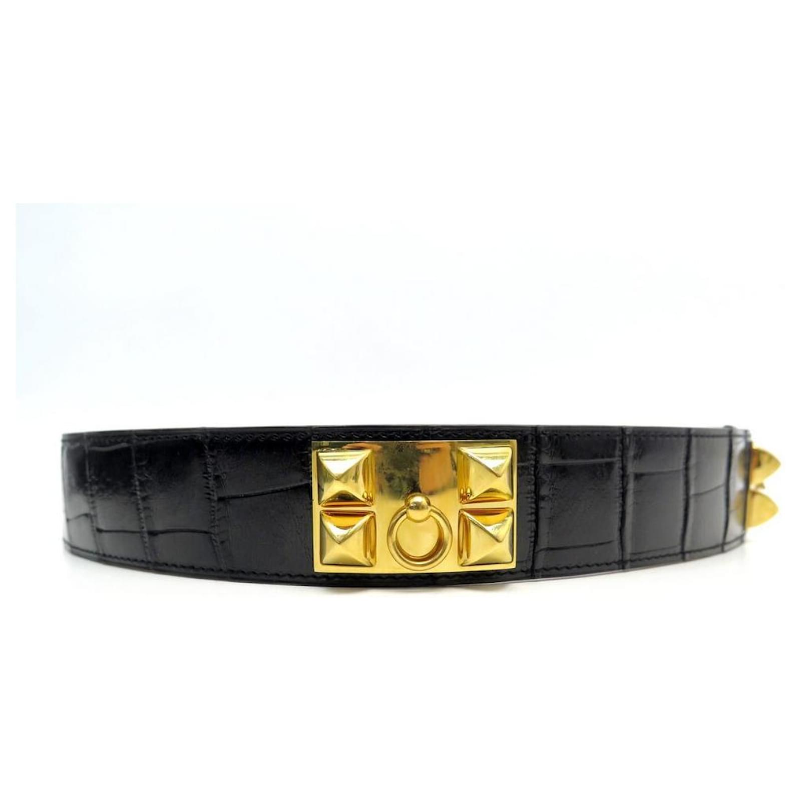 Hermès HERMES MEDOR BELT DOG COLLAR T90 POROSUS BELT CROCODILE LEATHER  Black Exotic leather ref.691441 - Joli Closet