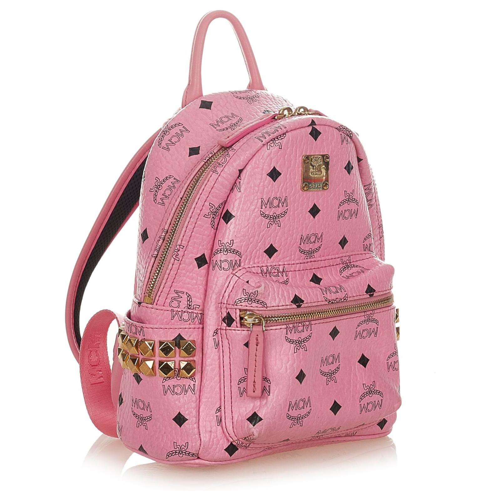 Sac à Dos MCM Mini Visetos – Toile Enduite Cuir Clouté Rose Clair – Occasion Très Bon état – Fabriqué En Corée