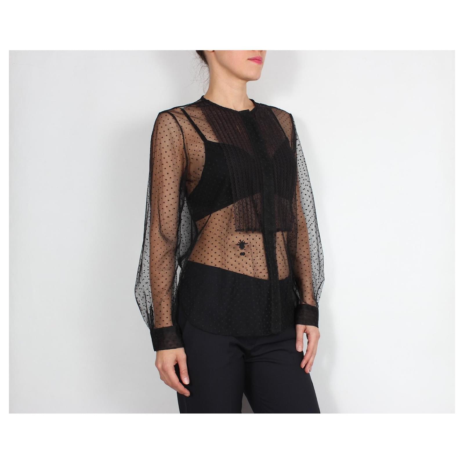 Christian Dior sheer blouse with plastron. Black Polyamide