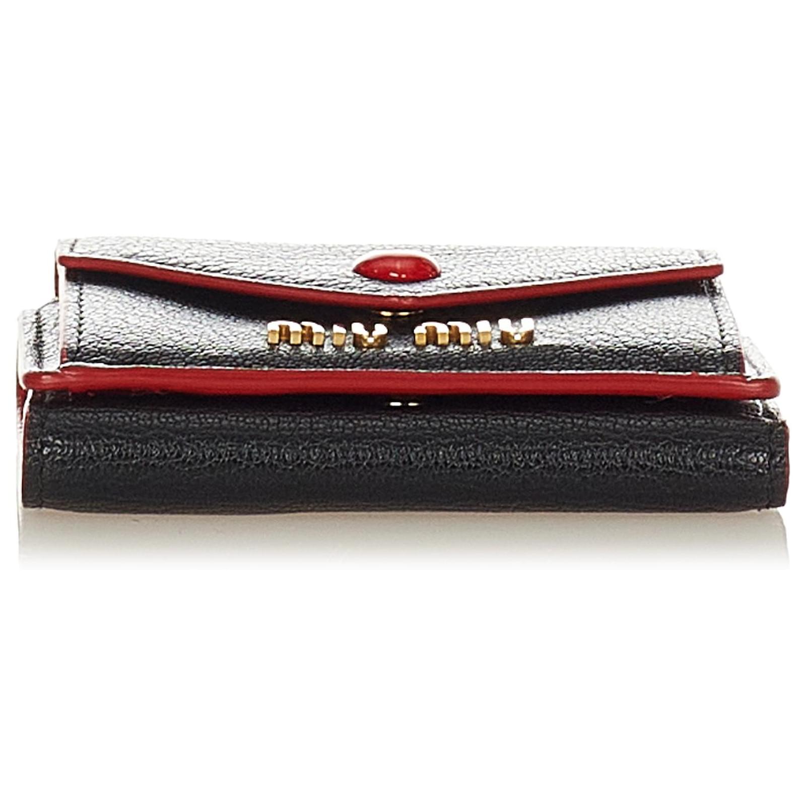 Miu Miu Black Madras Love Tri-Fold Leather Wallet Red Pony
