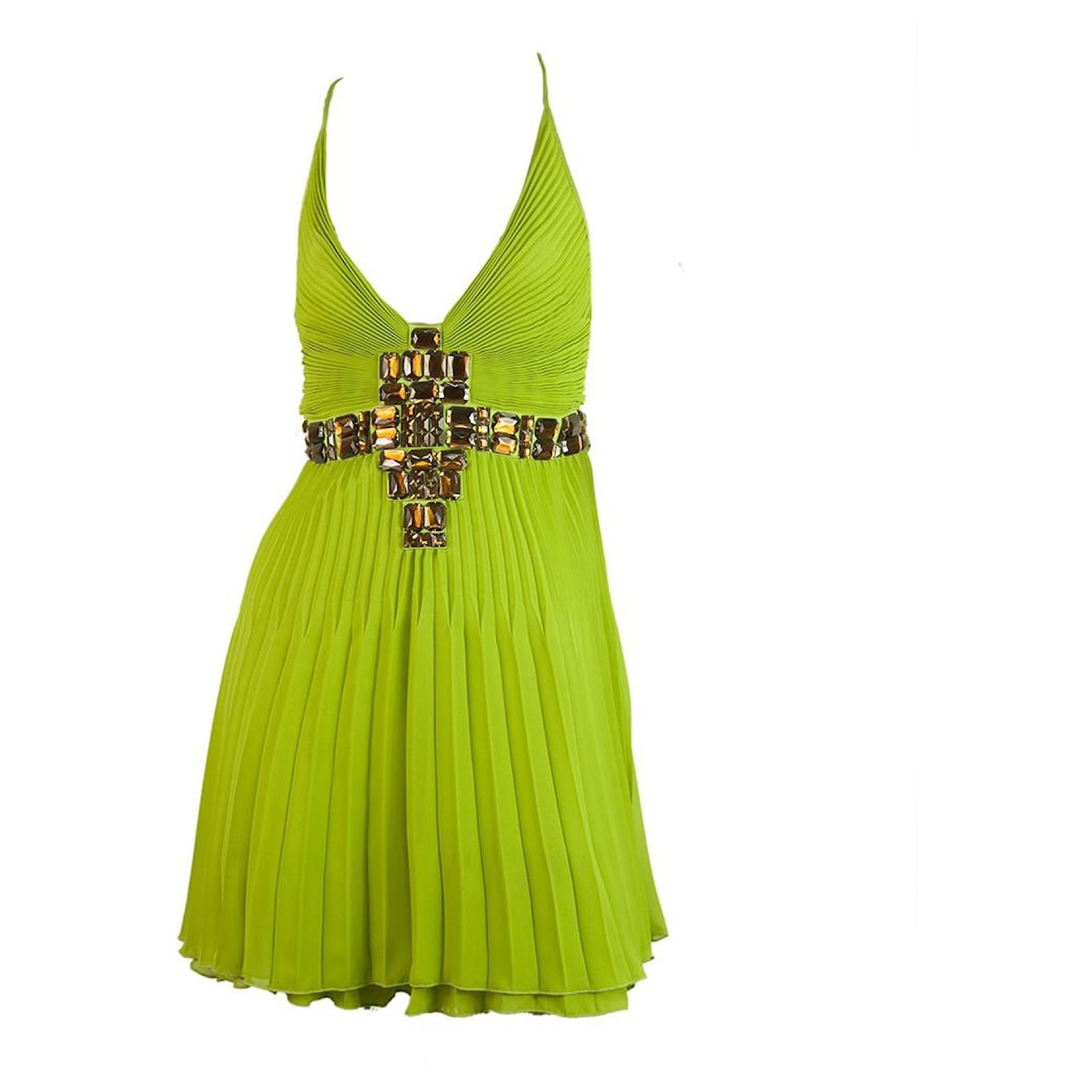Just Cavalli Lime Green Large Beads Thin Straps Sexy Back Silk