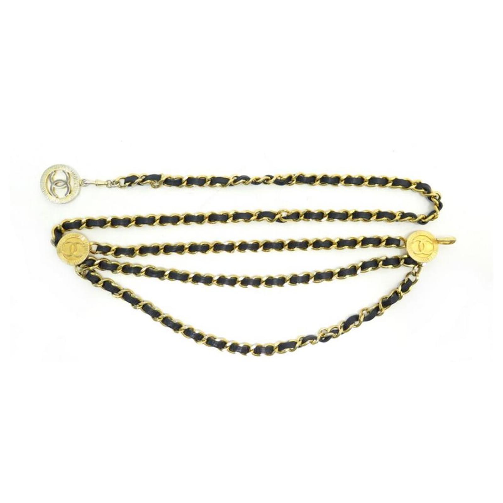 VINTAGE CHANEL T BELT75 85 GOLD METAL & BLACK LEATHER GOLDEN BELT ref