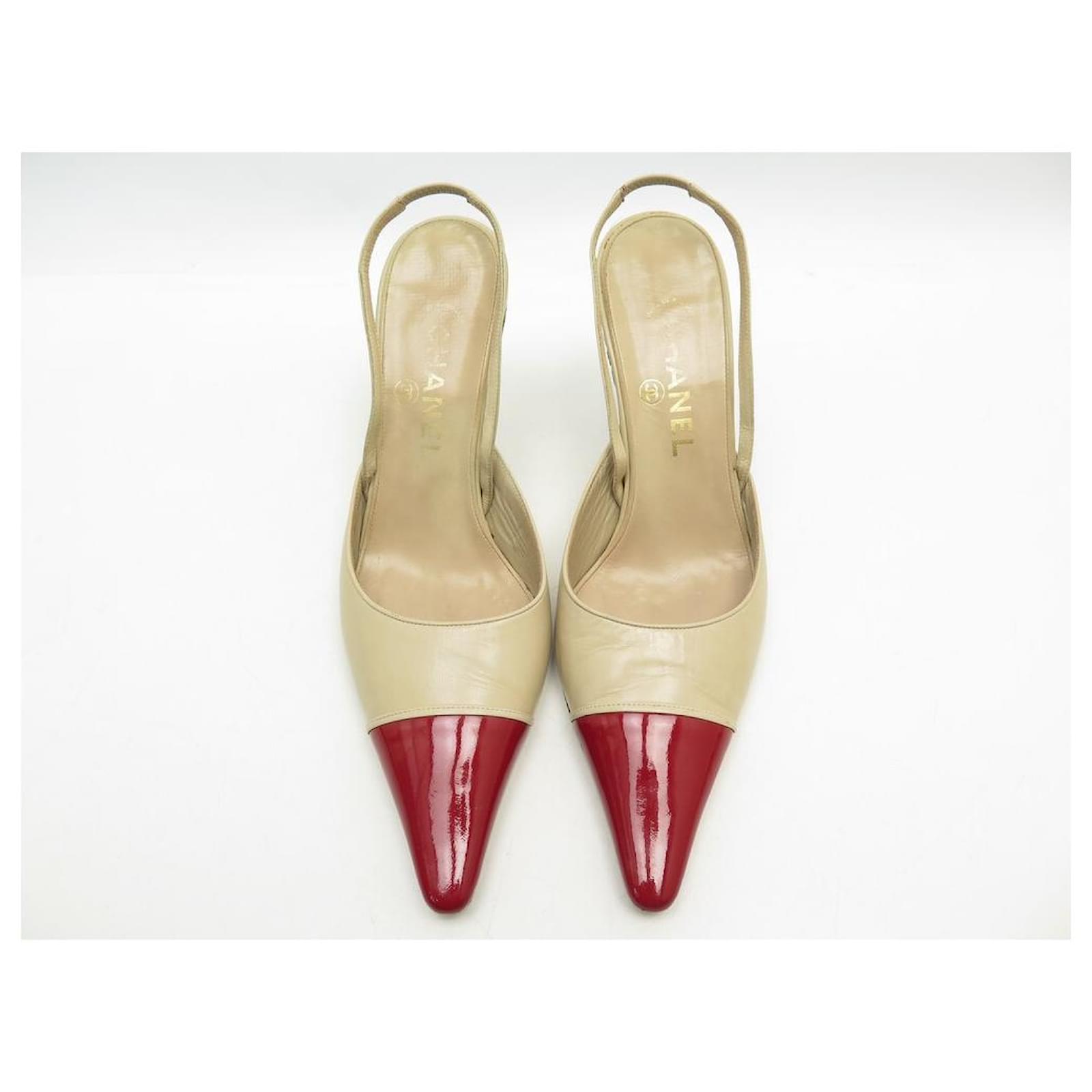 CHANEL PUMPS SLINGBACK SHOES 38 RED BEIGE LEATHER PUMP SHOES ref