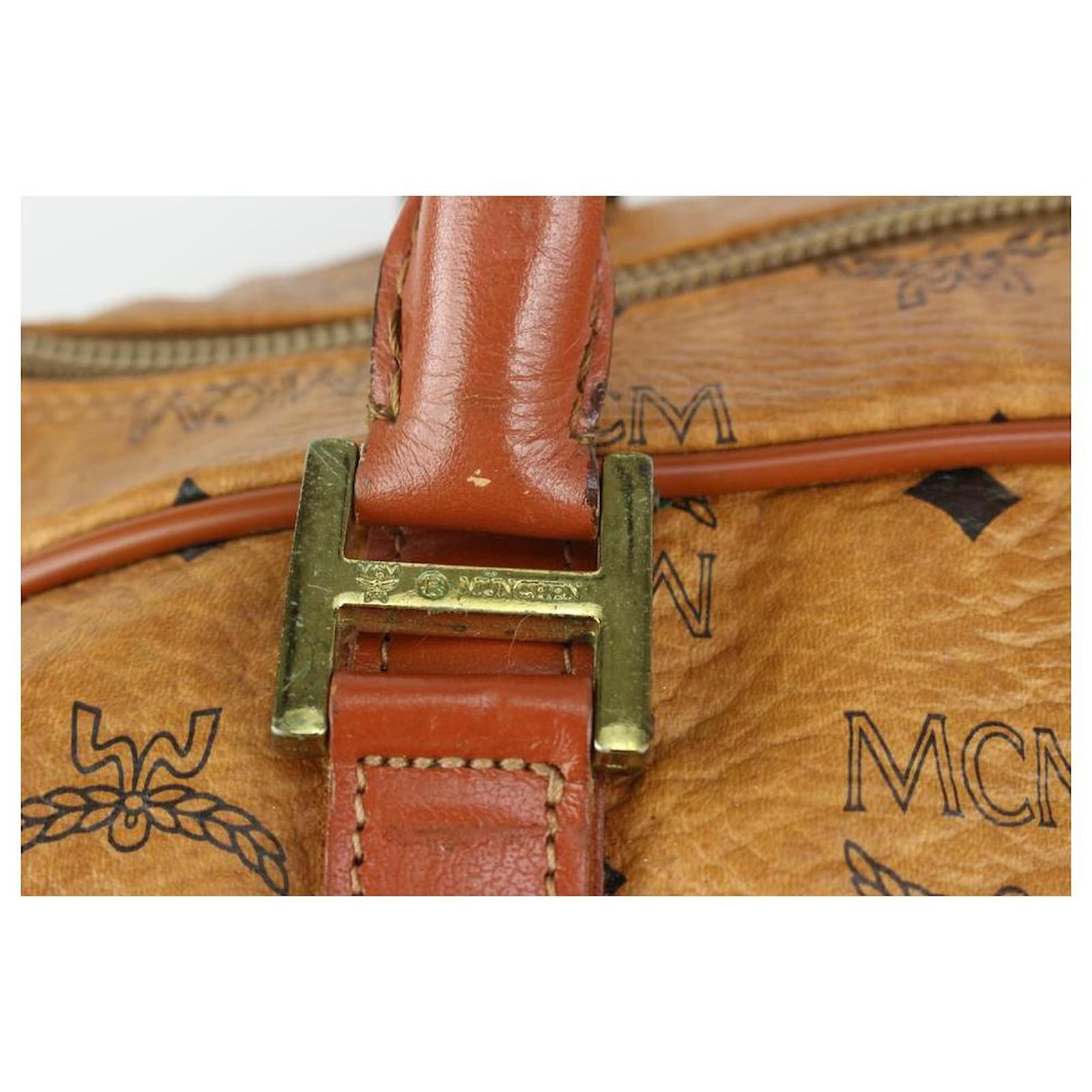 MCM Cognac Monogram Visetos Boston Duffle Bag with Strap Leather ref.298448  - Joli Closet
