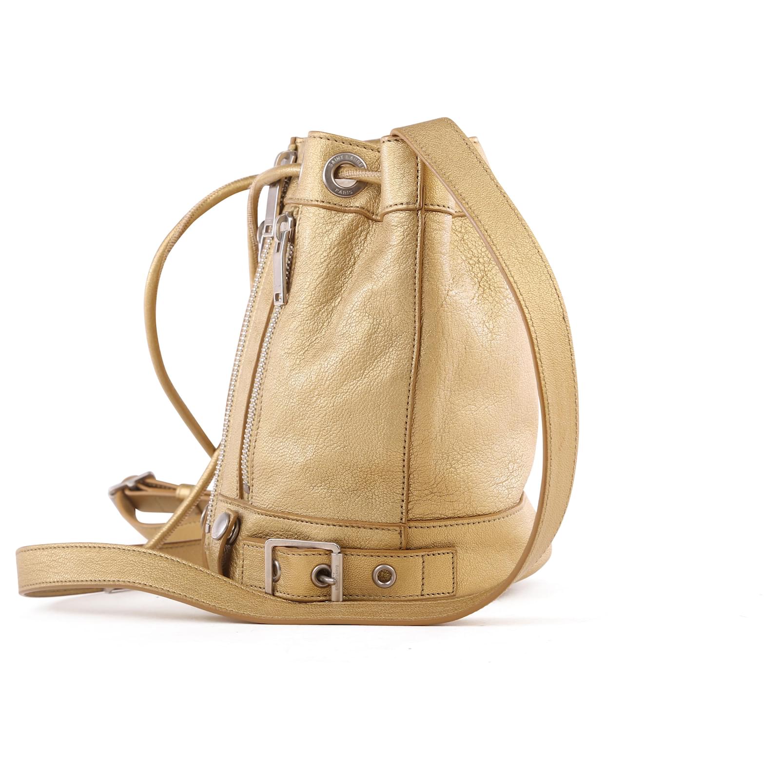 Saint Laurent Gold Metallic Leather Rider Bucket Bag Golden ref.415582