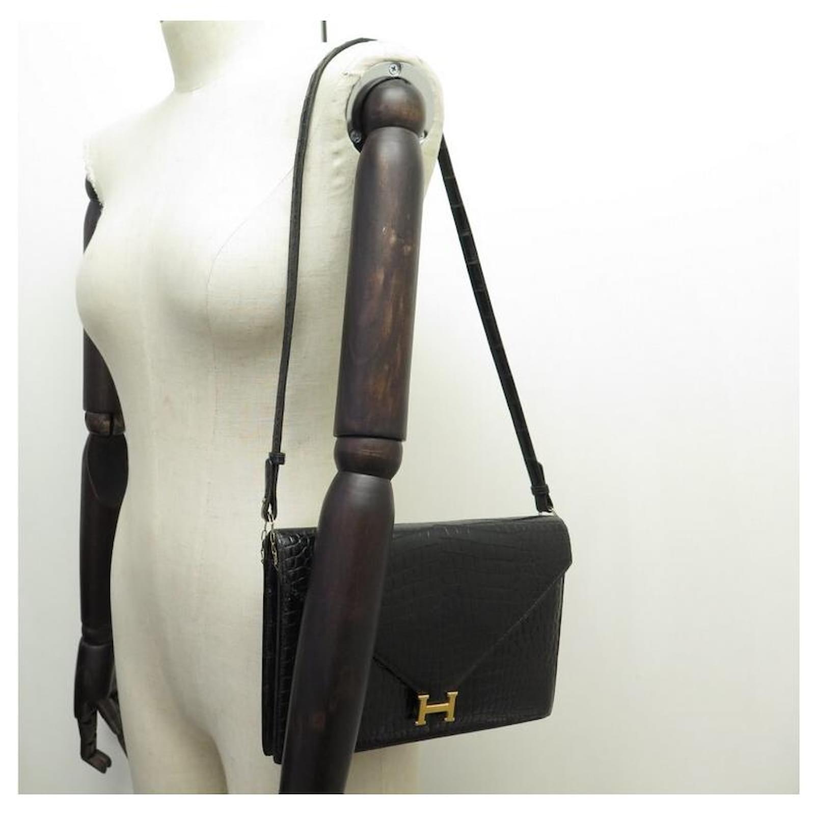 Hermès VINTAGE HERMES LYDIE CROCODILE POROSUS BLACK LEATHER HAND BAG PURSE  Exotic leather ref.418791 - Joli Closet