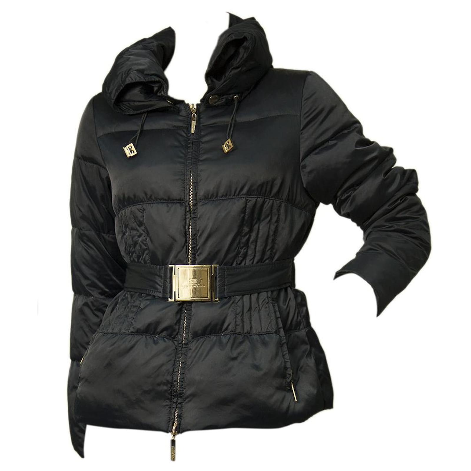 Elisabetta Franchi Blue Nylon Fitted Waist Puffer Feather