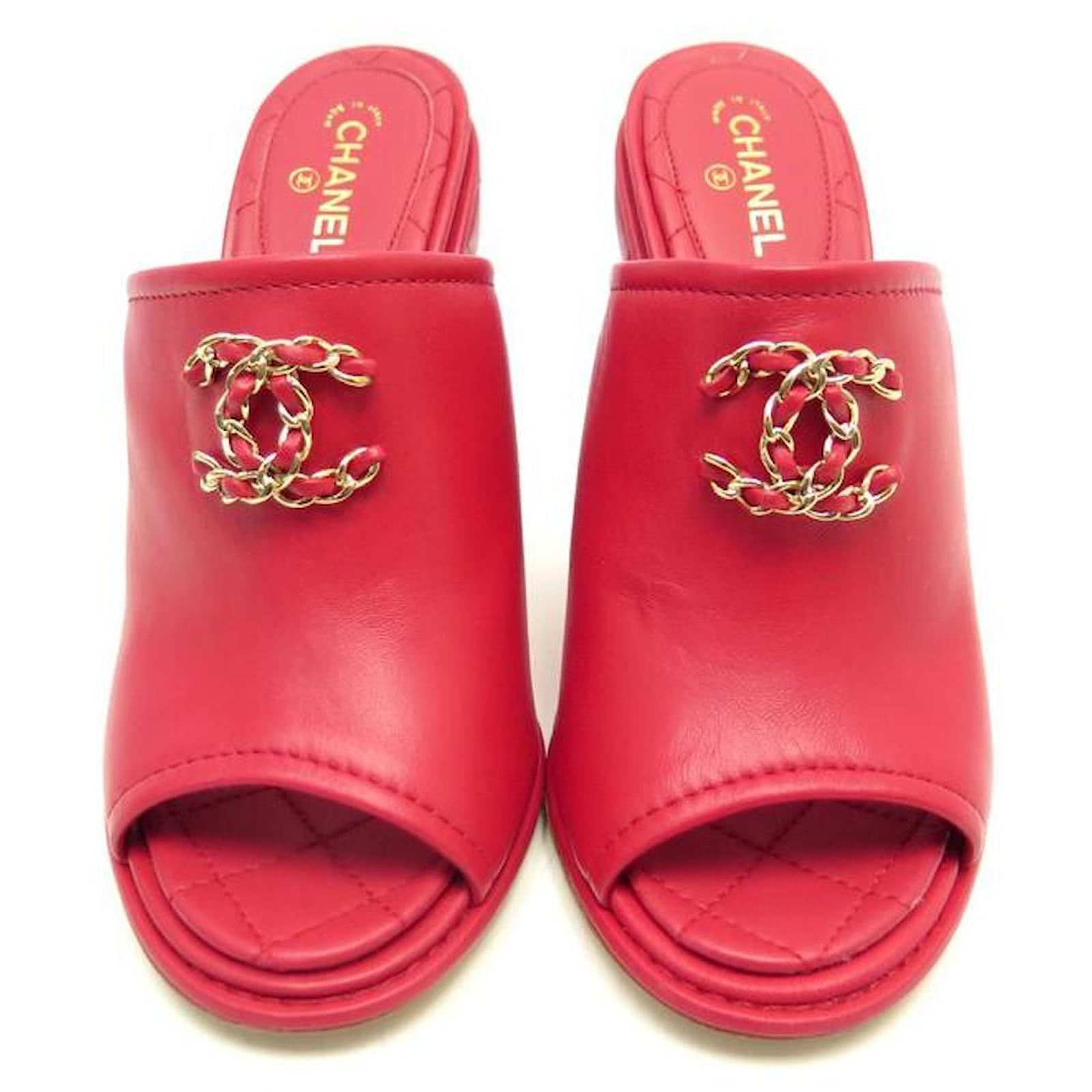 NEW CHANEL G SHOES31460 QUILTED WEDGE SANDALS Fuschia Leather