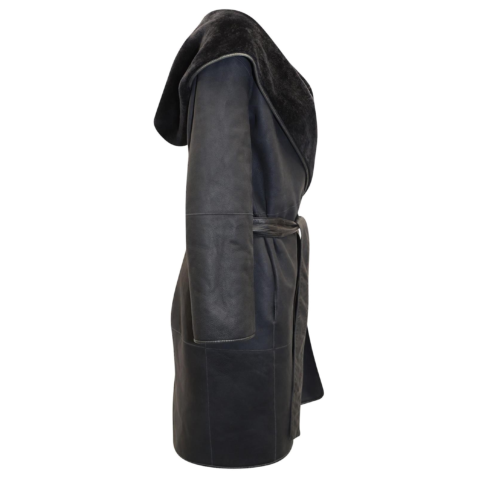 The Row Manteau en peau de mouton retourn?� ?� capuche Riona en cuir noir ref.425856 - Joli Closet