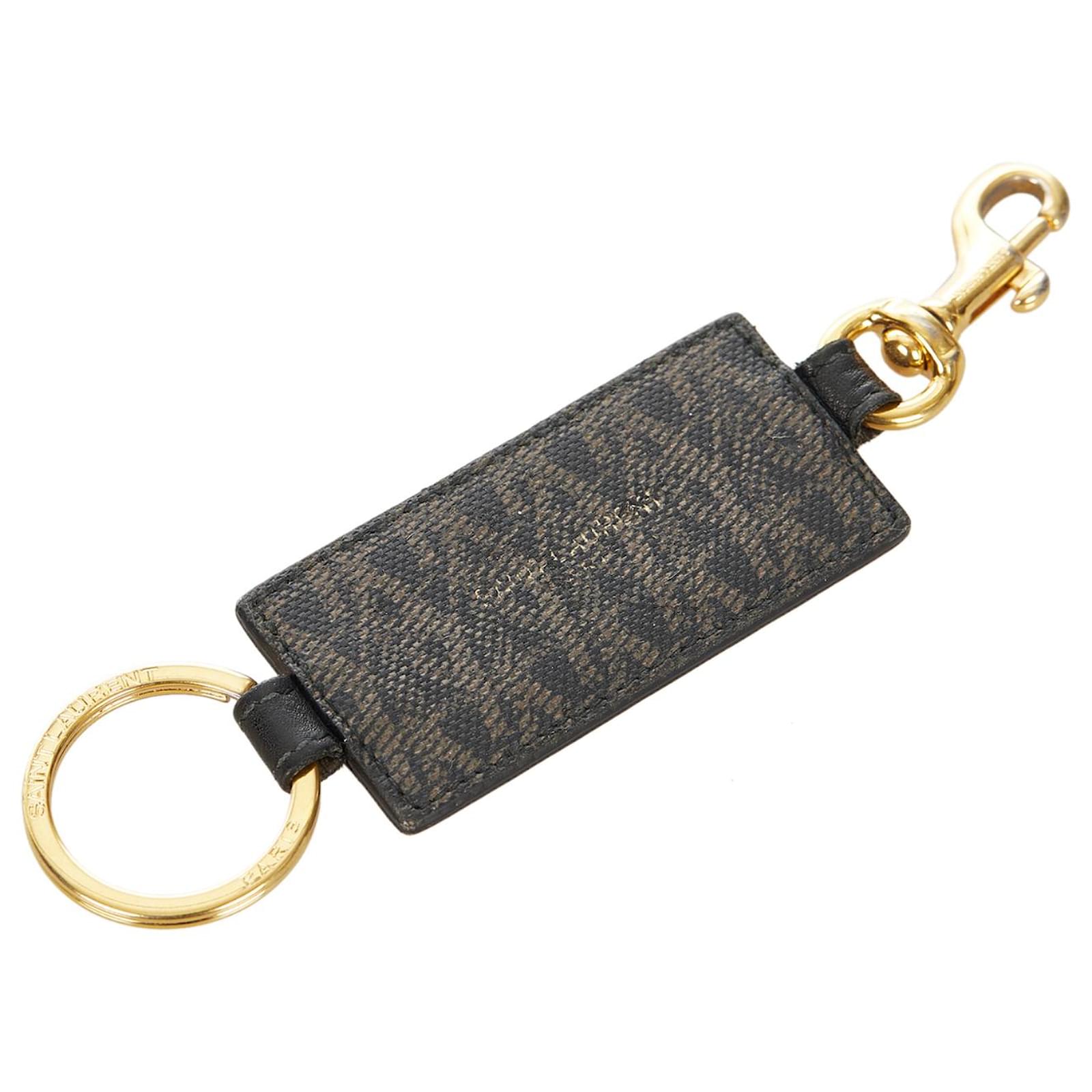 Yves Saint Laurent YSL Black Logo Key Ring Silvery Leather Metal Pony