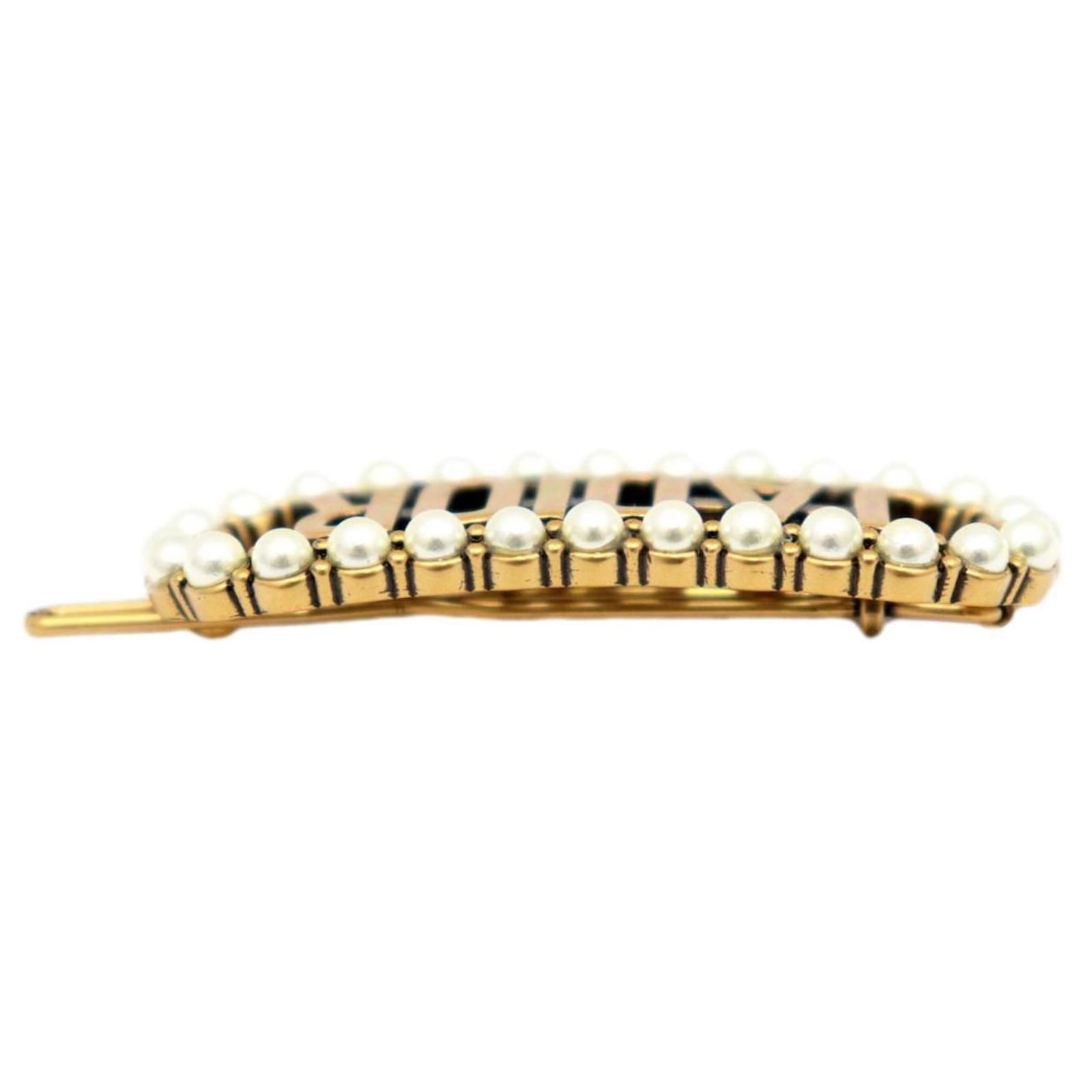 Christion Dior Gold-Finish Metal Cristals & White Pearl Hair Clip New $740